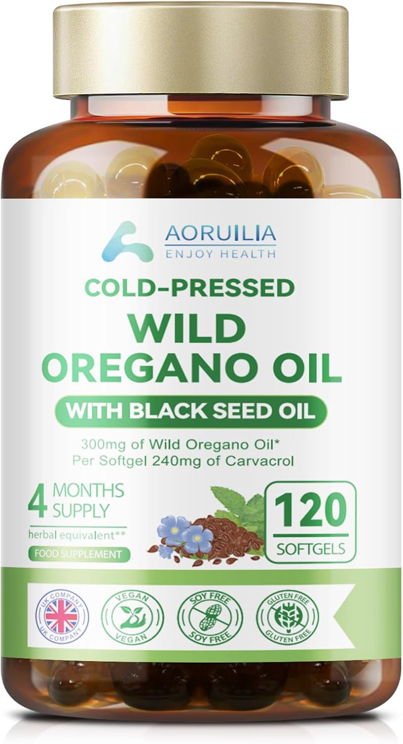 Oregano Oil Capsules, 240mg Carvacrol – 300mg Wild Oil of Oregano per Softgel with 600mg Black Seed Oils for Immune Support & Digestive Health,120 Count (4 Month Supply)