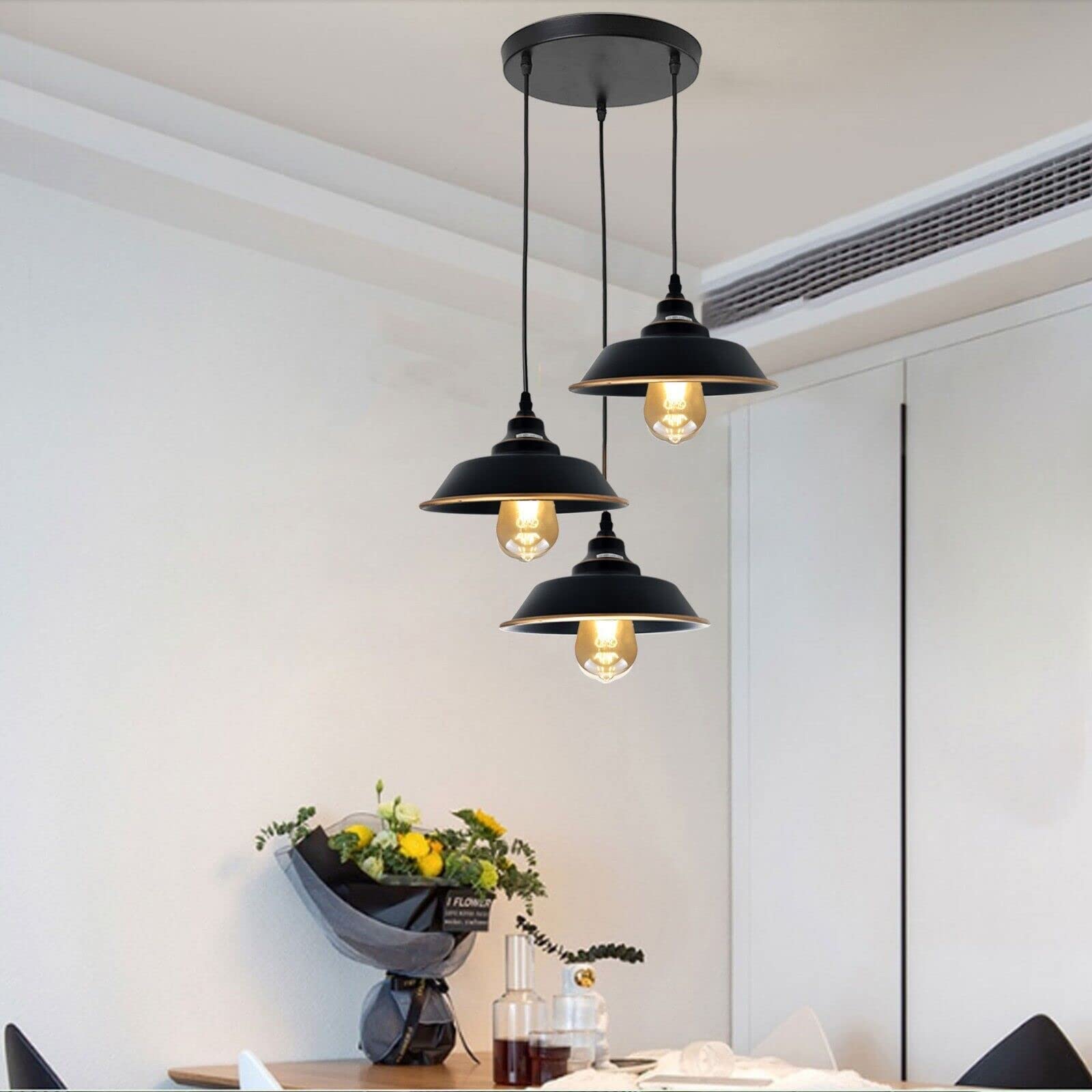 LEDSone 3 Head Pendant Light, E27 Black Gold Line Metal Hanging Lights - Image 2