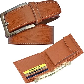 Men's Formal & Casual PU Leather Belt & Wallet Combo (28, Tan-6)