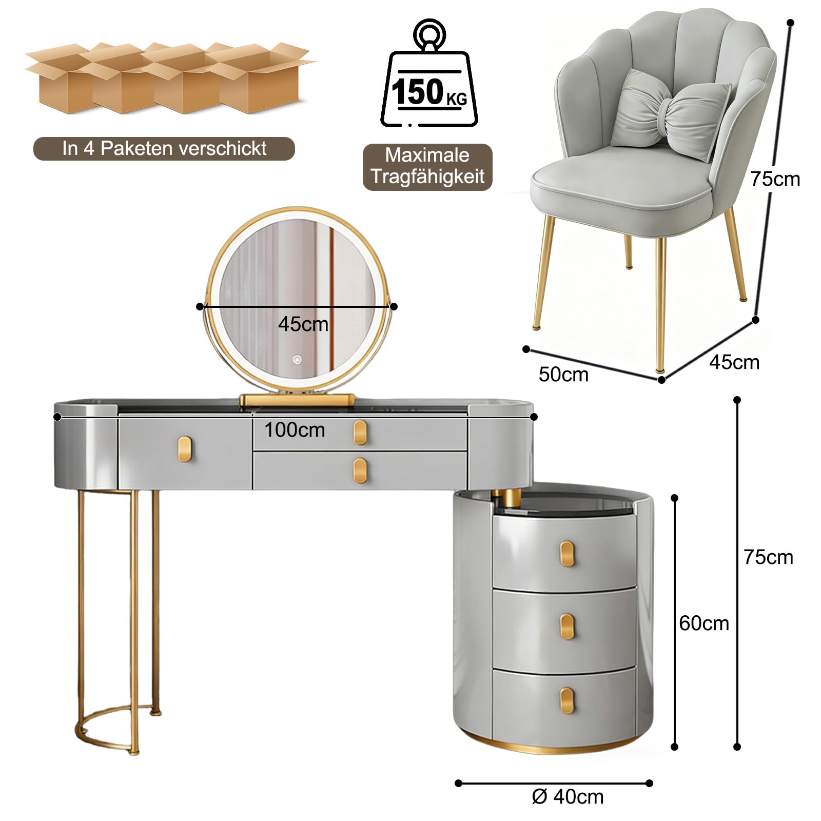Schminktisch mit Spiegel und Stuhl, Luxuriöser Grau Frisiertisch mit Vergoldete Griffe, 100cm Kosmetiktisch mit 6 Schubladen & Seitenschrank für Schlafzimmer, PU-Leder