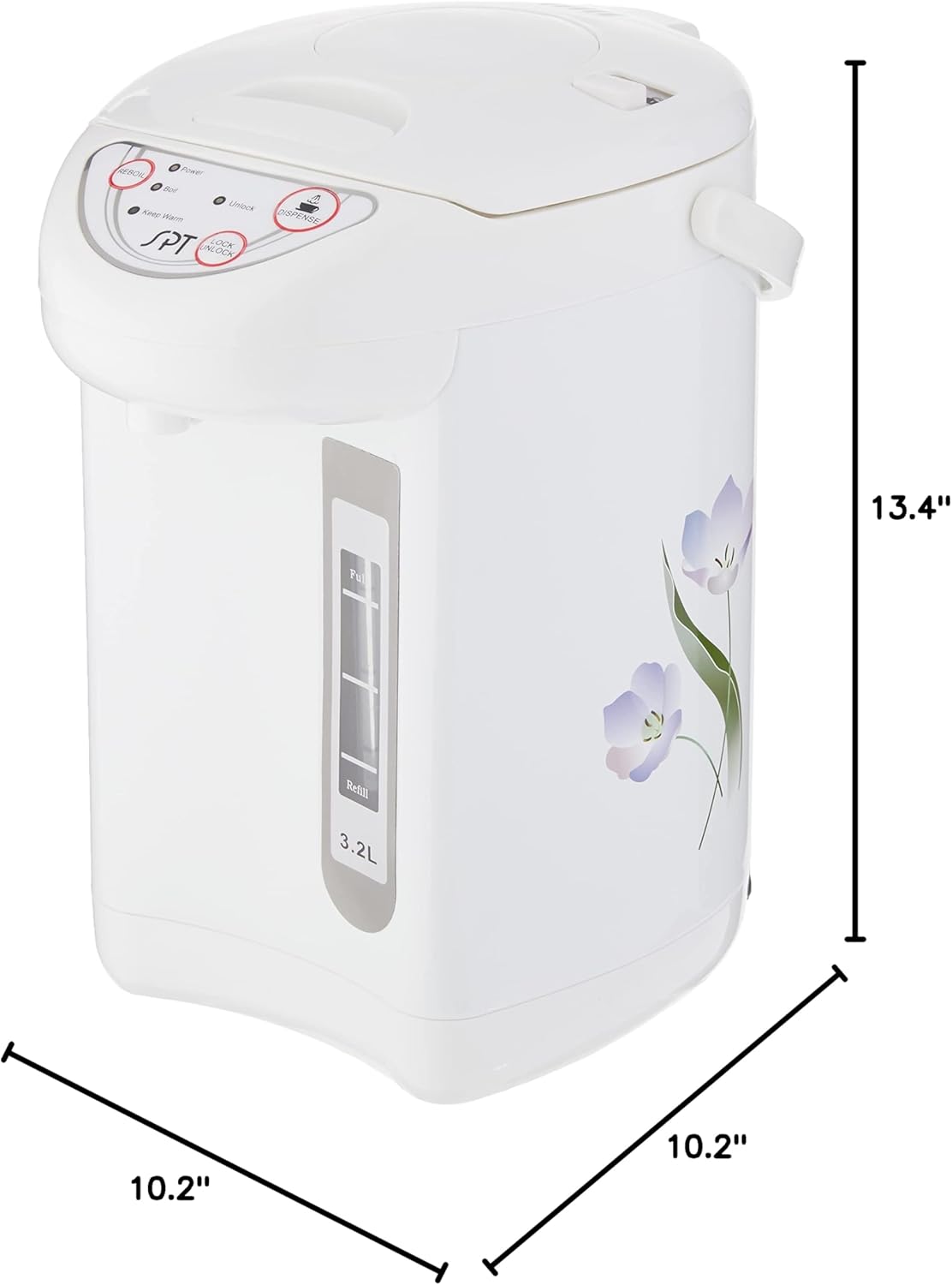 Dimensions of the SPT 3.2-Liter Hot Water Dispenser, showing height, width, and depth measurements
