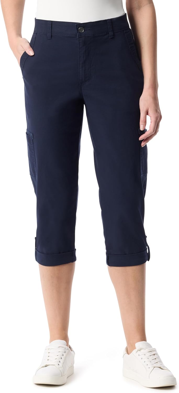 Gloria Vanderbilt Women's Cargo Capri Tab Roll Cuff with Zip Front and Elastic Waist Standard