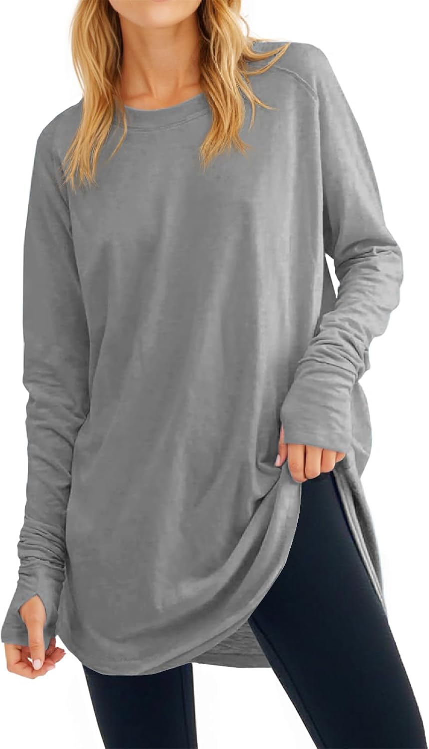 Fisoew Women's Casual Long Sleeve Tops Crew Neck Round Hem Loose T-Shirts Tunic Tops with Thumb Holes