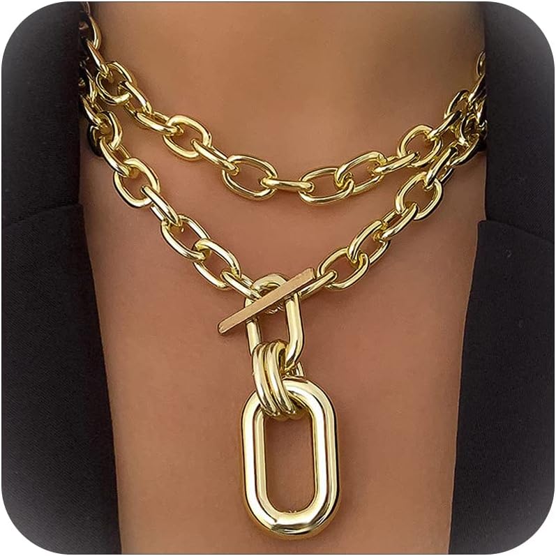 Long tiantianChunky Gold Necklace for Women Layered Gold Cuban Link Chain Choker Necklace Gold Thick Statement Choker Necklace Paperclip Chain Toggle Bar Clasp Necklace Christmas Stocking Stuffers Jewelry Gifts