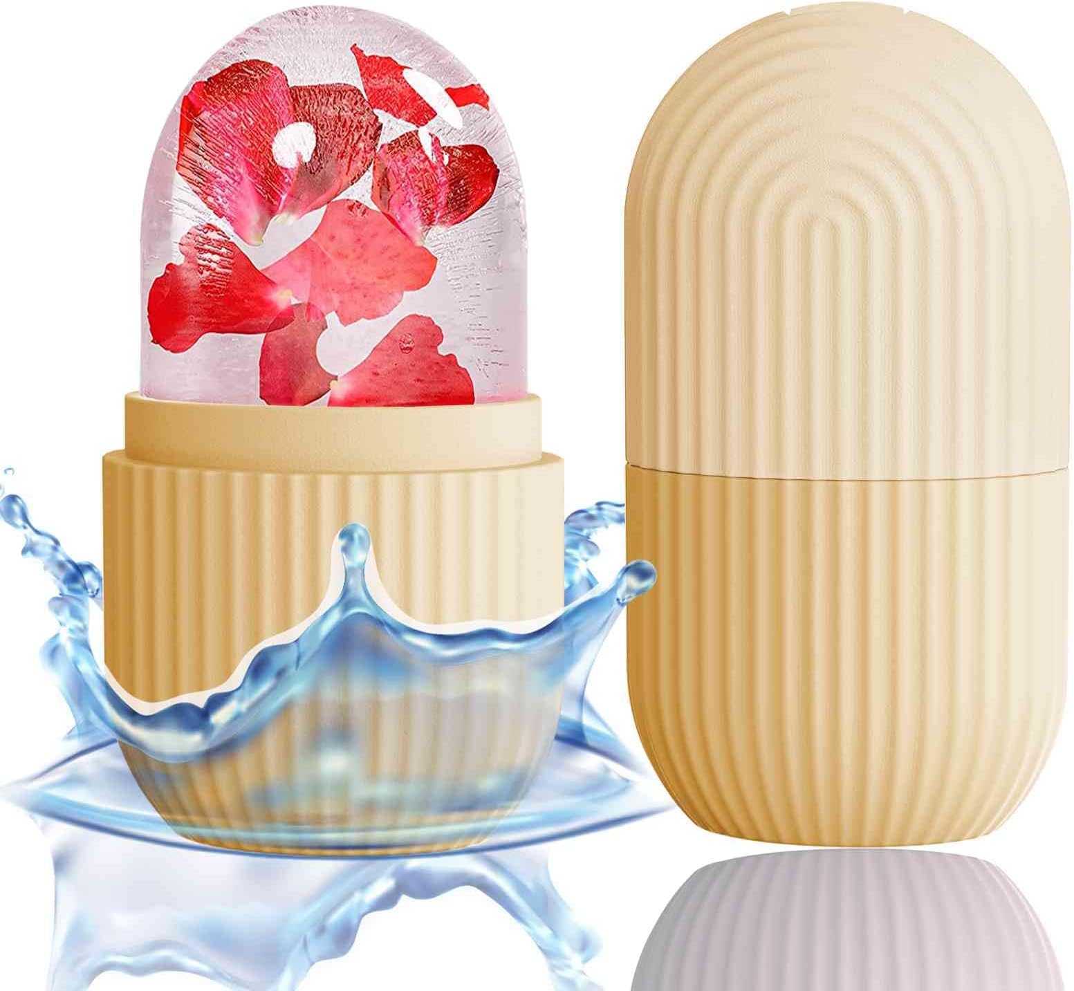 XHJRI Ice Face Roller Massager,Ice Cube Roller for Face, Eyes and Neck Naturally Conditioning and Skin Care,De-Puff Eye Bags,Reduce Migraine Pain,Reusable Massage Silicone Ice Mold (Beige)