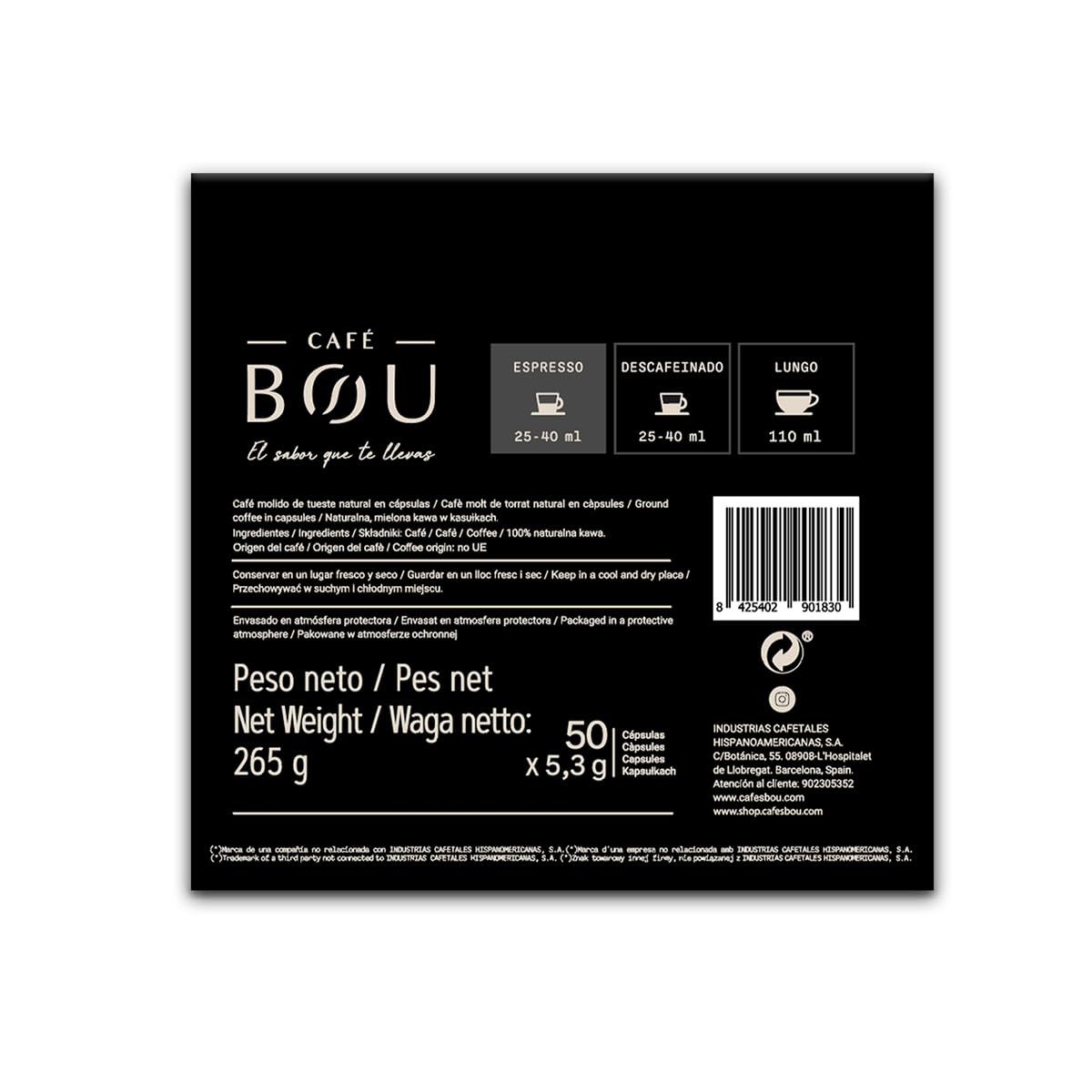 Café BOU - Cápsulas Espresso 100% Arábica Nespresso | 100 uds | Aroma chocolate y avellana, intensidad media, formato ahorro