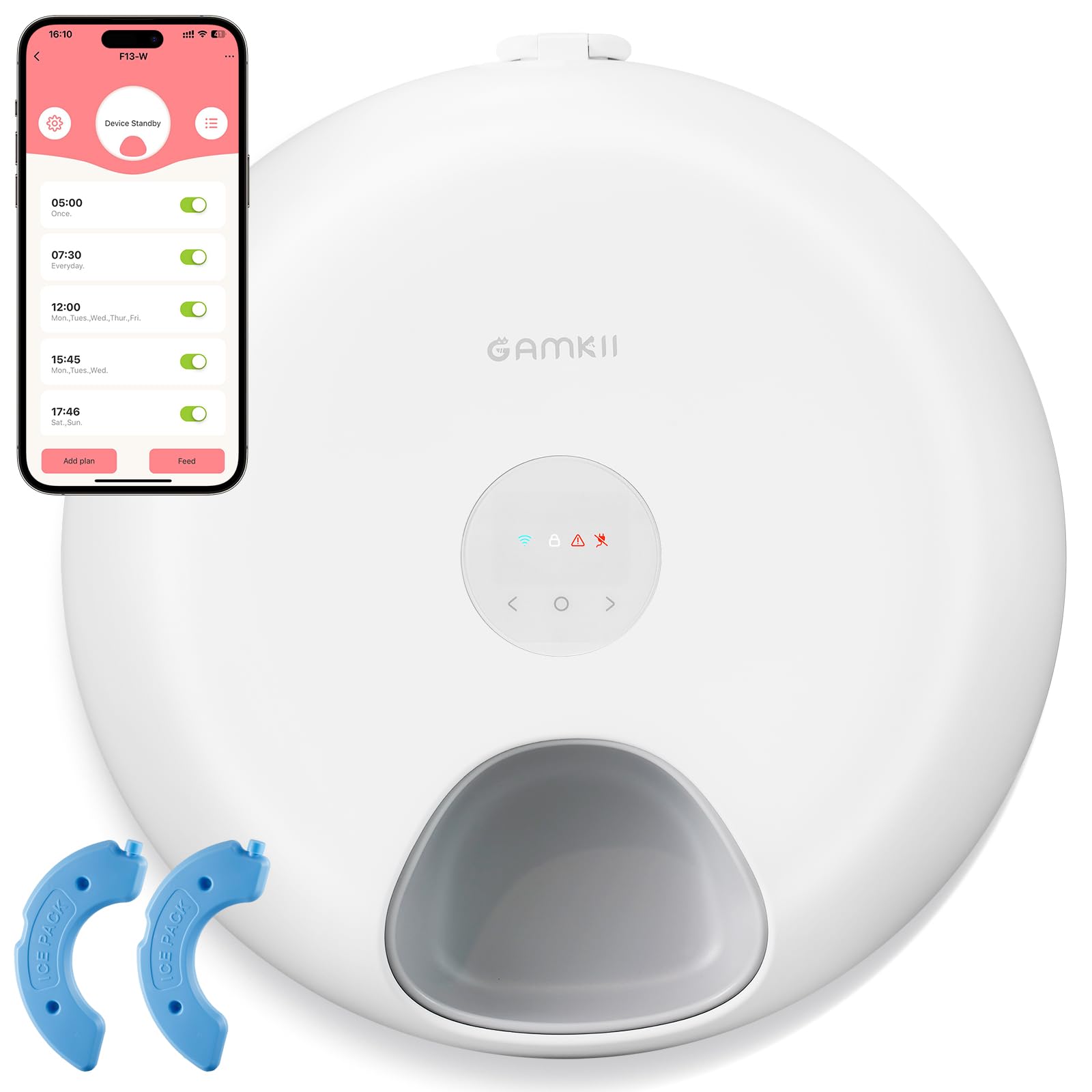 GAMKII Dispensador automático de comida para gatos con WiFi para comida húmeda, 6 comidas, dispensador de comida para gatos con 2 paquetes de hielo, temporizador programable, dispensador de comida
