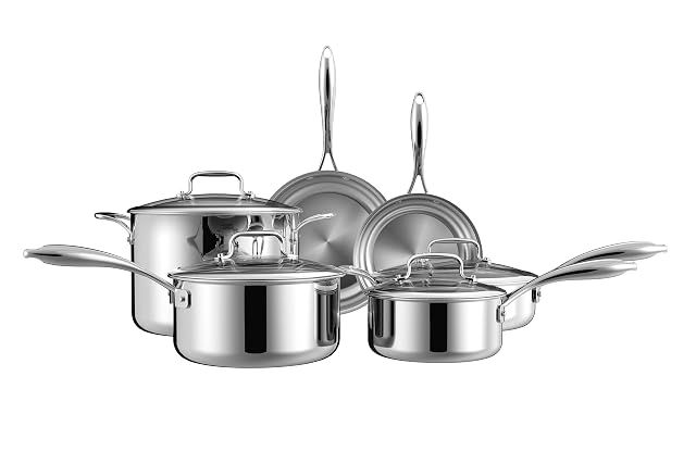 5-Ply 10 Pcs Stainless Steel Cookware Set Pots and Pans Set Frying Pans Saucepans Saute Pan and Stock