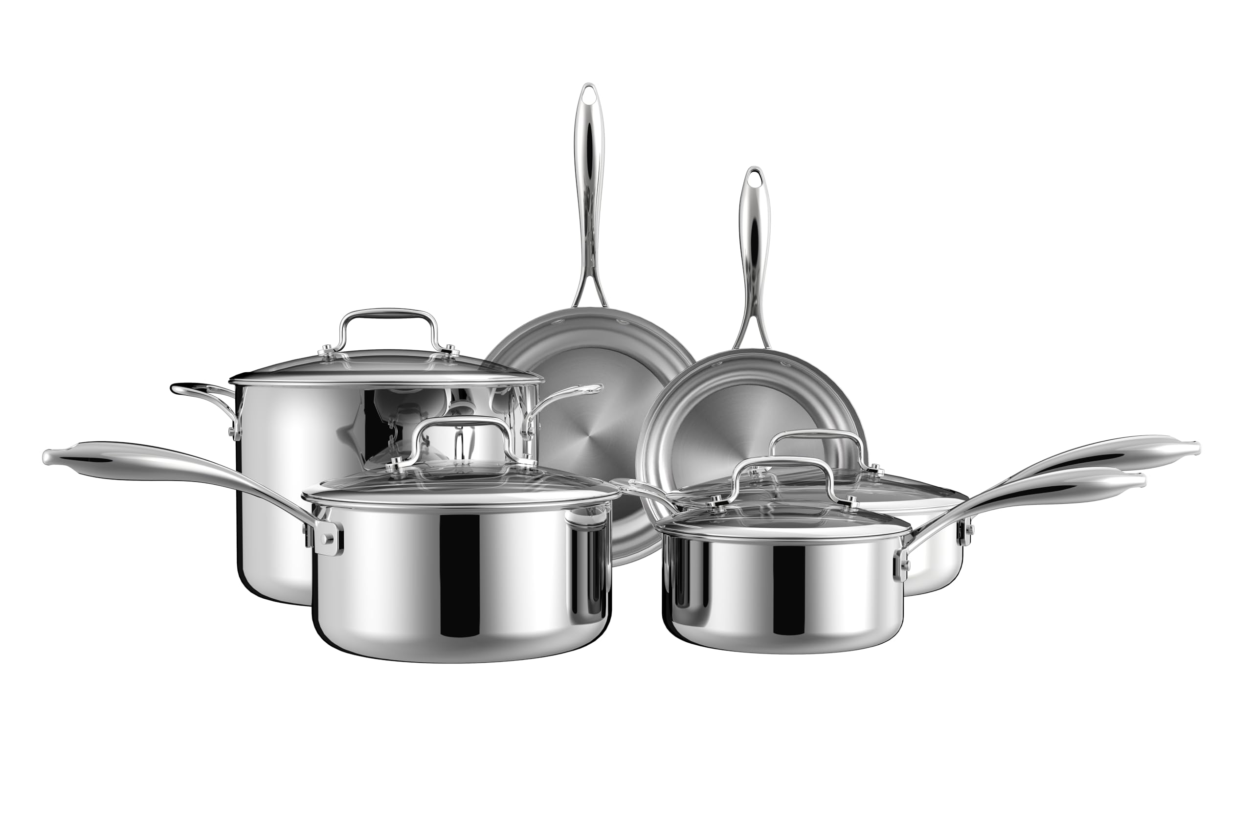 5-Ply 10 Pcs Stainless Steel Cookware Set Pots and Pans Set Frying Pans Saucepans Saute Pan and Stock