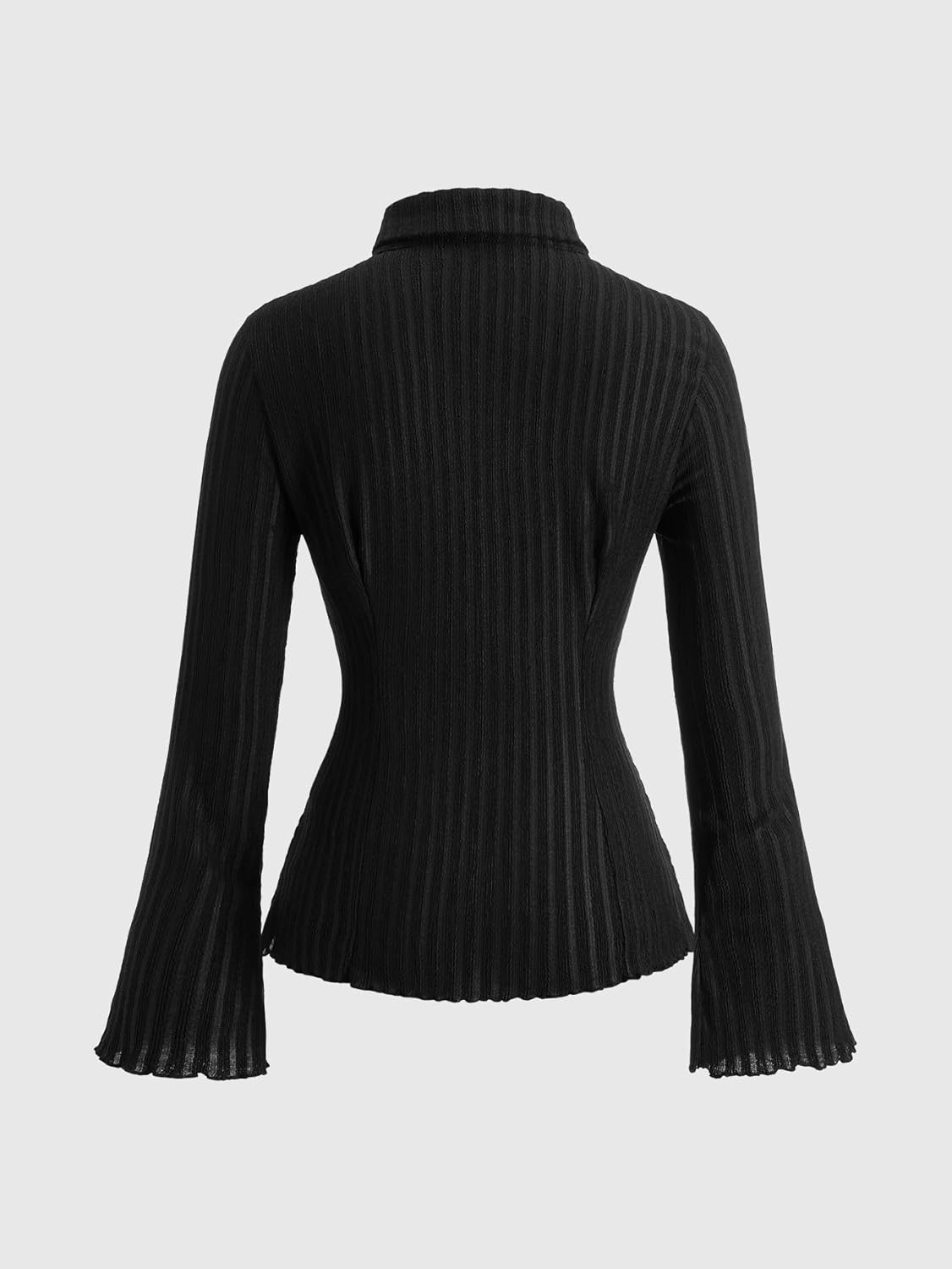 Women's Collared Ribbed Knit Top Lettuce Trim Button Front Long Sleeve Slim Blouse Tops - Image 2