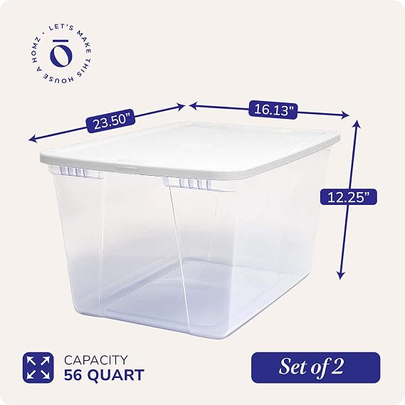 Homz Snaplock Clear Storage Bin with Lid, X Large-56 Quart, White, 2 Count