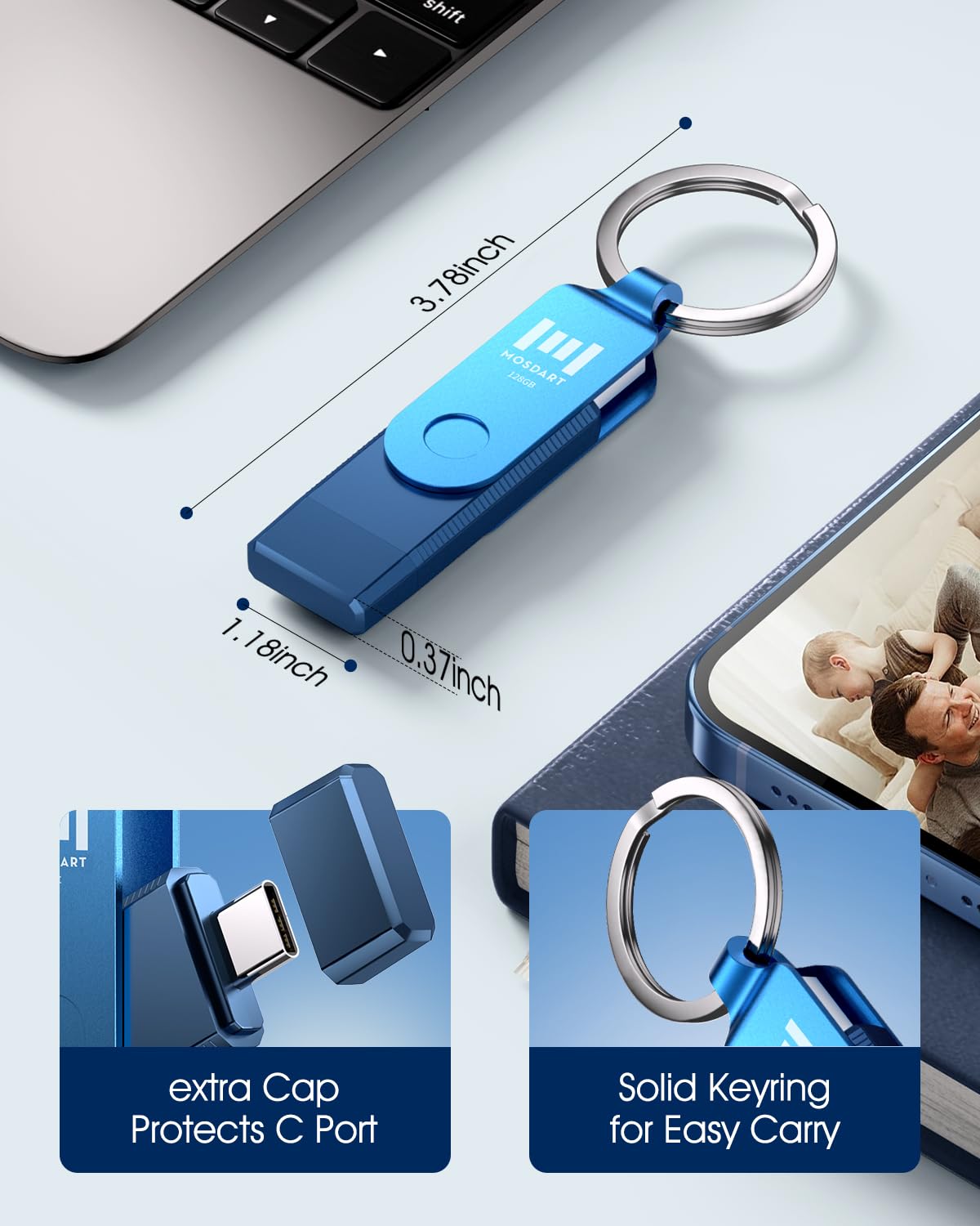 MOSDART Unidad flash USB C dual de 128 GB, velocidad de hasta 150 MB/S, unidad de pulgar tipo C 3.1 con llavero e indicador LED, para iPhone 15, 16, 17, teléfono Android, iPad, MacBook y portátiles