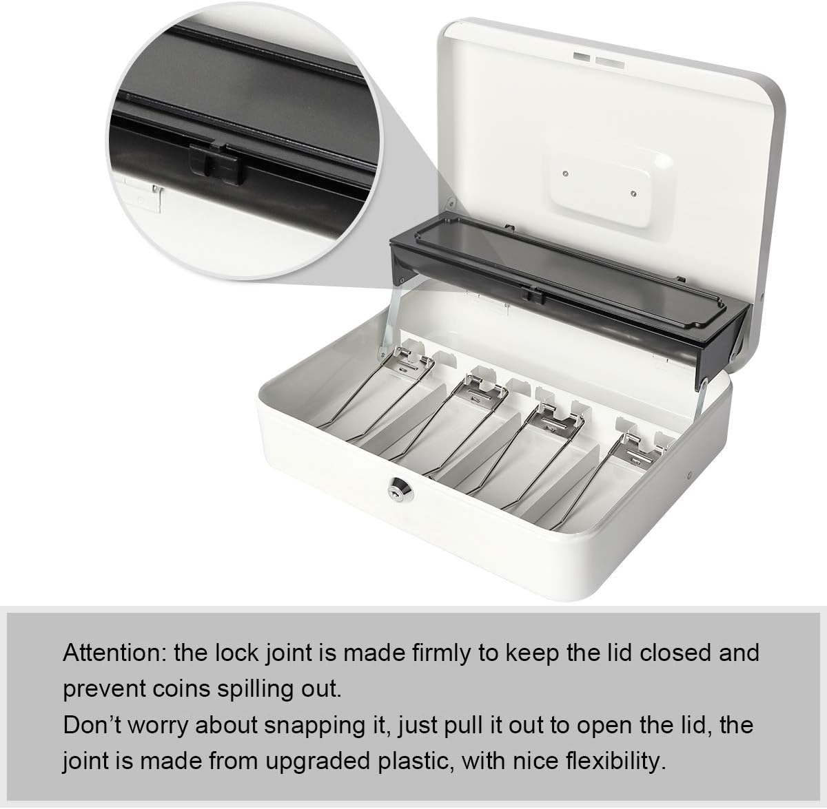 Jssmst Large Locking Cash Box with Money Tray, Lock Box with Security Cable Metal Money Box with Key Lock, White : Office Products