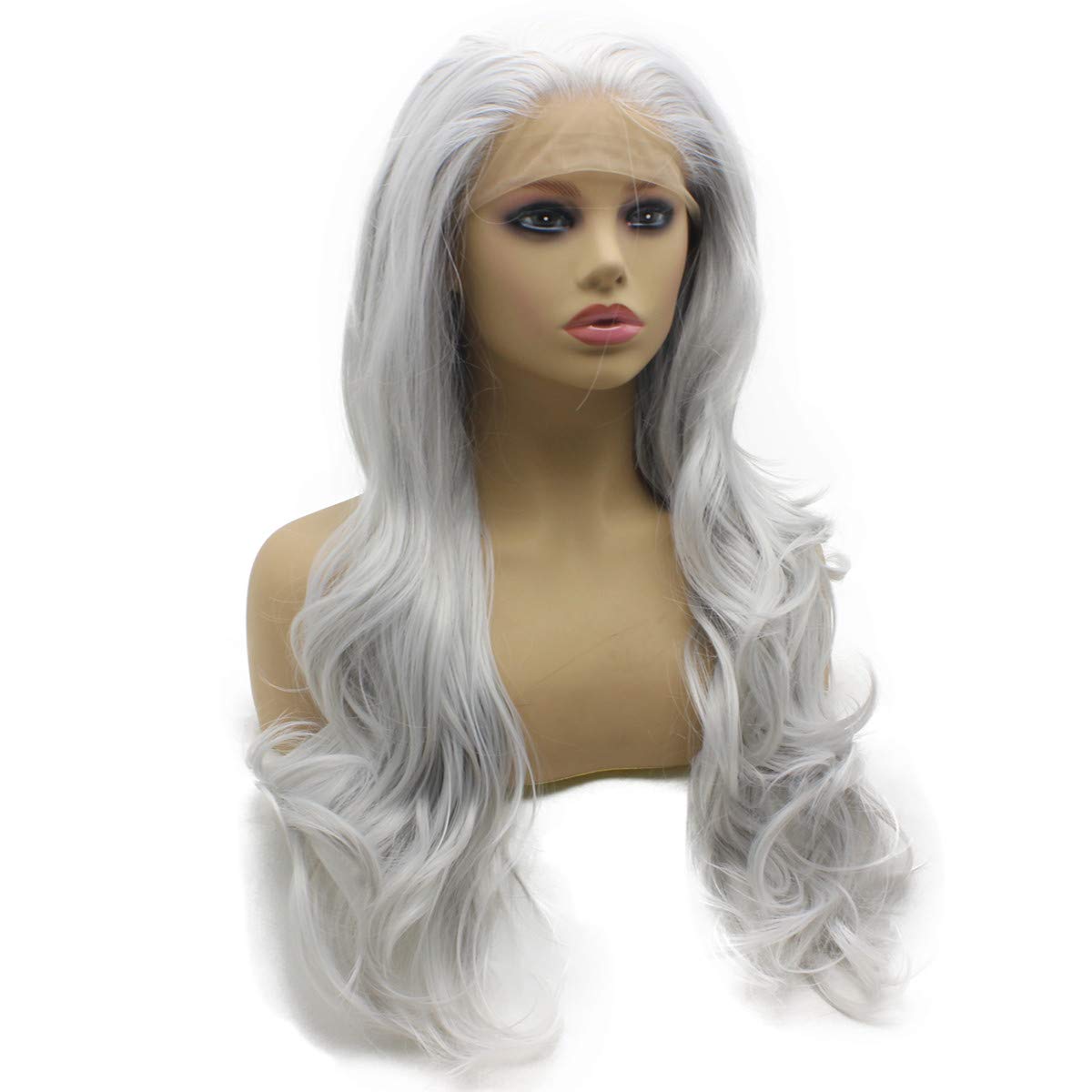 Iwona Long Wavy Siver Gray Half Hand Tied Lace Front Synthetic Wig Heat Resistant