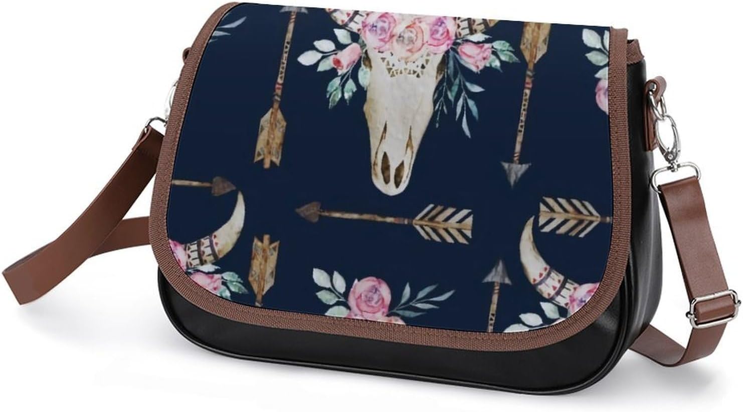 Bull Skull Arrow Floral Watercolor BohoWomen's Faux Leather Crossbody Bag, Waterproof Wrinkle-Resistant Shoulder Bag with Detachable Strap, Large Capacity Casual Handbag, Fashion Daily Purse for Shopp