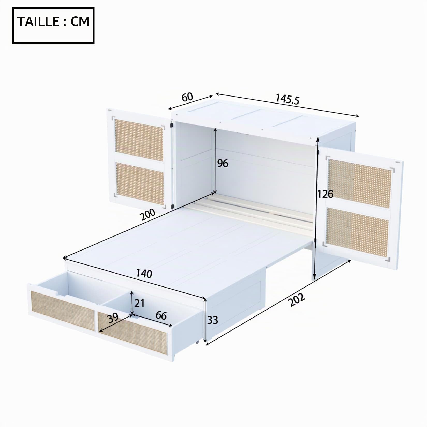 PUGSDRLY Lit Escamotable 140x200cm,Lit Pliant 2 Personnes avec 2 Tiroirs de Rangement,d'appoint,Mural,Cadre en Bois pour Adulte Adolescent Enfant,Design Rotin,sans Matelas (Blanc)