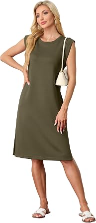 GRECERELLE 2026 Womens Summer Casual Wrinkle-Free Midi Dress with Pockets