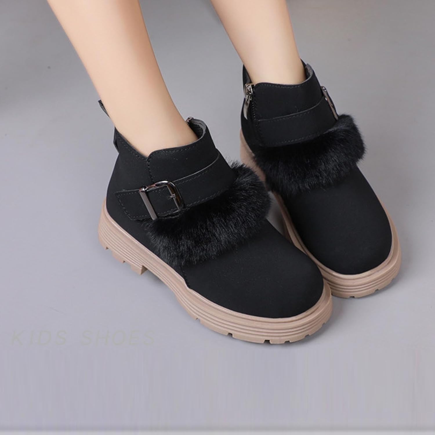 Girls Snow Ankle Boots Suede Buckle Fuzzy Lining Short Boots Winter Warm Flat Non Slip Booties with Side Zipper