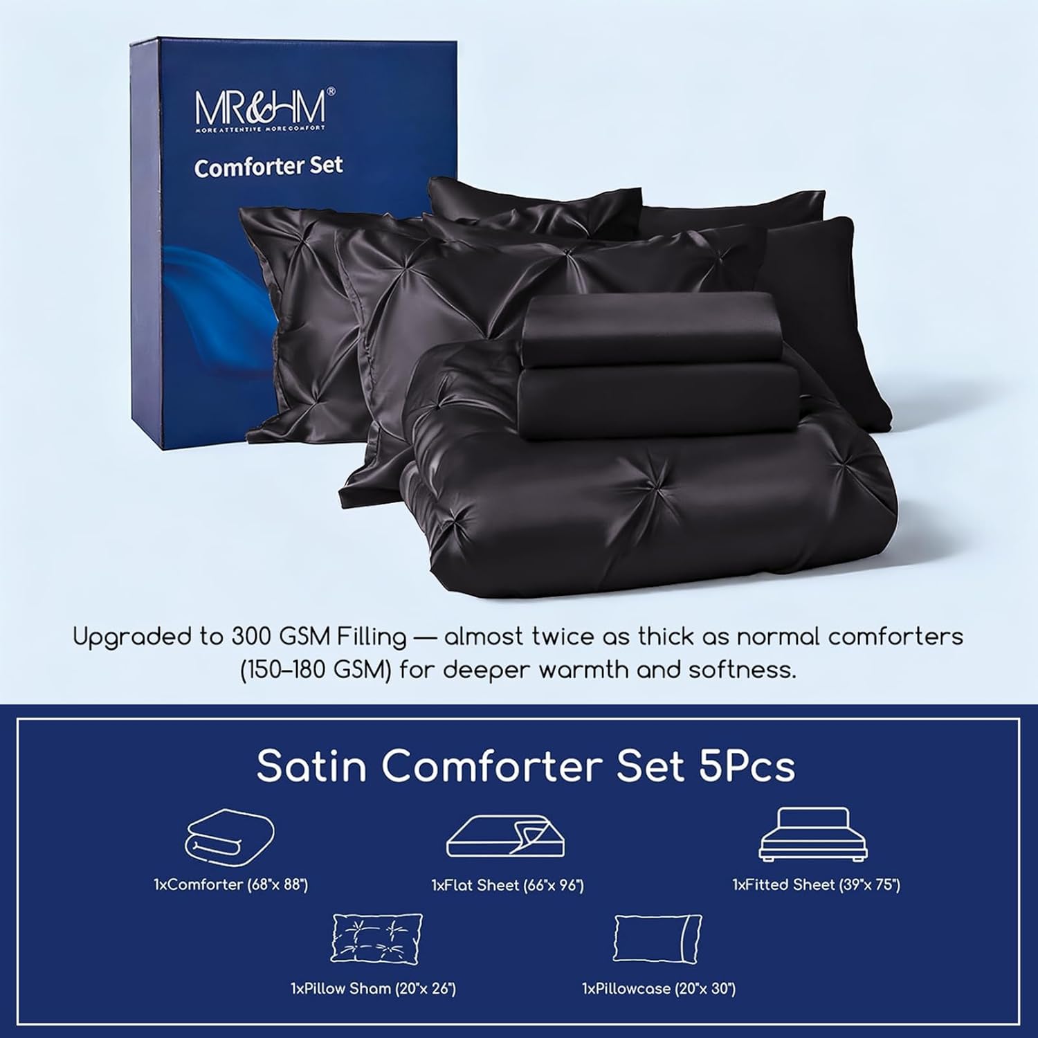 MR&HM Satin Comforter Twin 5 Pieces - Luxurious Pinch Pleat Bedding Set with Comforter, Flat Sheet, Fitted Sheet, Pillowcase & Sham, Super Silky Soft Bed Set for All Season (Twin, Black) - Image 2