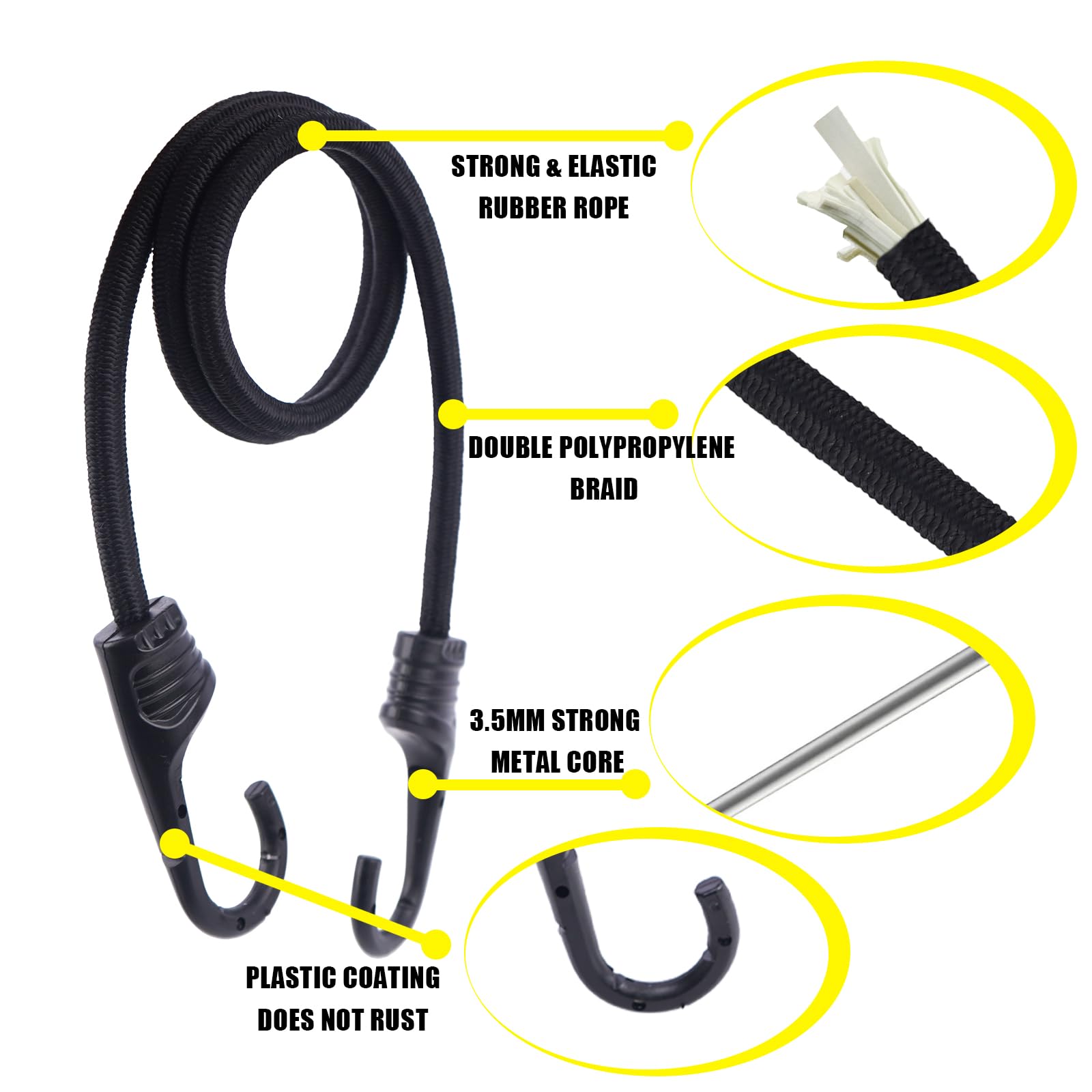VirtuGro 6 Pack 90cm Bungee Cords with Hooks Black Heavy Duty Bungee Cords Weatherproof & UV-Resistant Long Bungee Straps with Hooks Elastic Straps for Camp Luggage Garden Furniture Kayak Rack Truck - Image 3