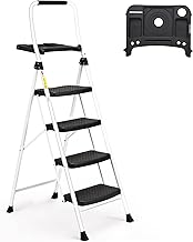 HBTower 4 Steps Folding Ladder with Tool Tray, Rubber Handle, Made of Steel, Load Capacity up to 150 kg, Ideal for Renovations