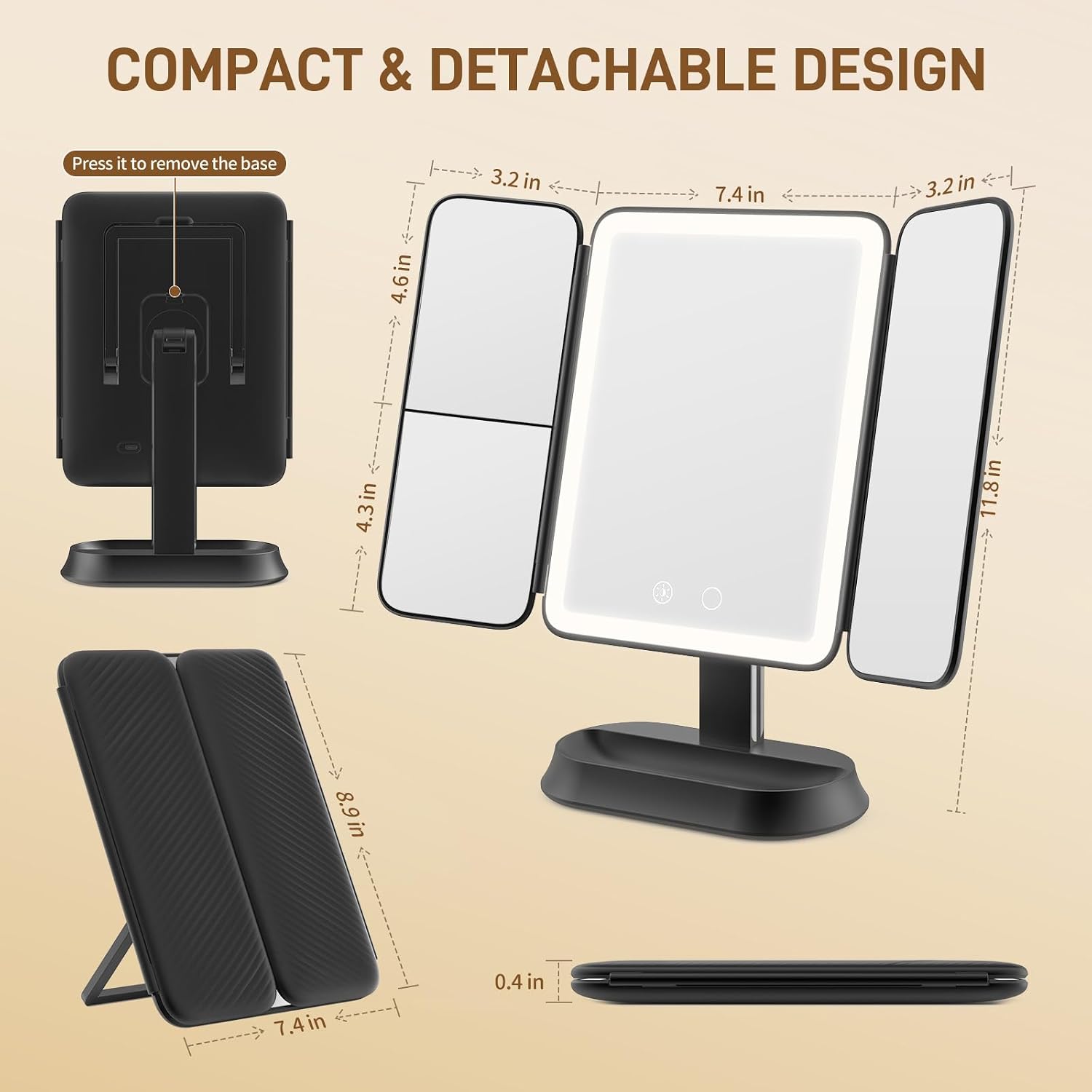 Rechargeable Lighted Makeup Mirror with 1X/3X/5X Magnification, Professional 3-Color LED Trifold Vanity Mirror, Smart Memory, Type-C Charging, Portable Beauty Mirror for Travel, Idea Gifts - Black thumbnail