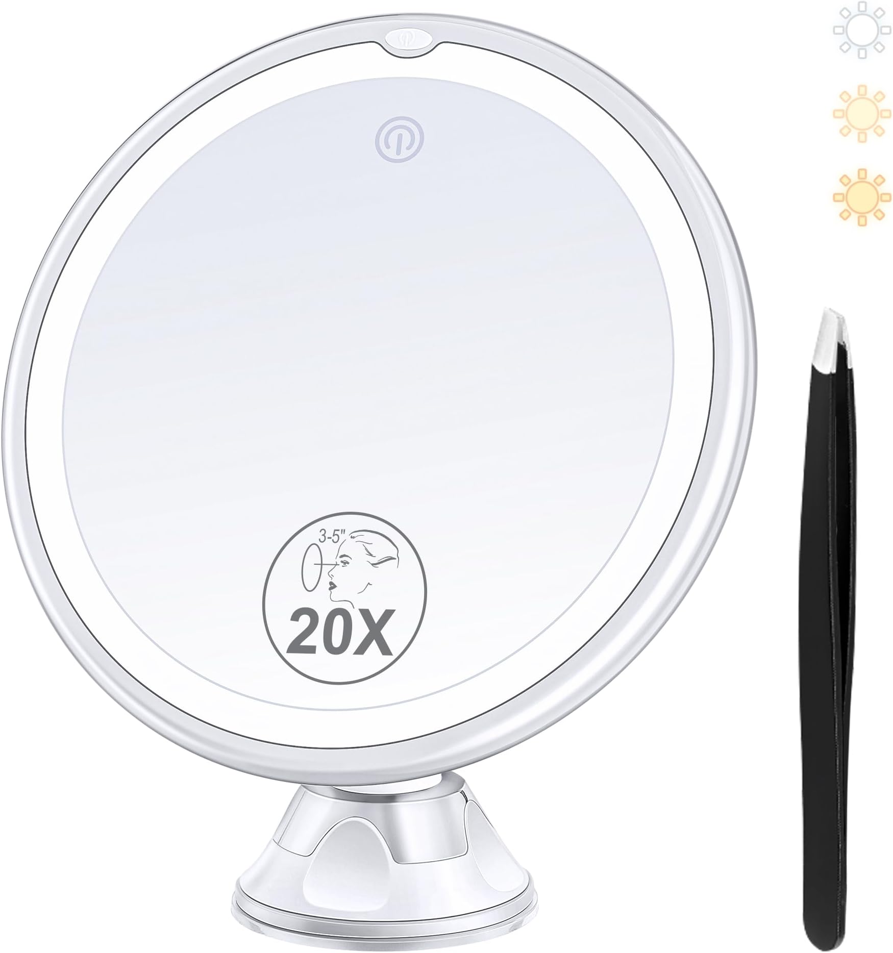 MIYADIVA 2025 Upgraded Magnifying Mirror with Light, 20X Lighted Makeup Mirror with Suction Cup and Tweezers, 3 Colors Vanity Mirror, Makeup with Light 8 Inches