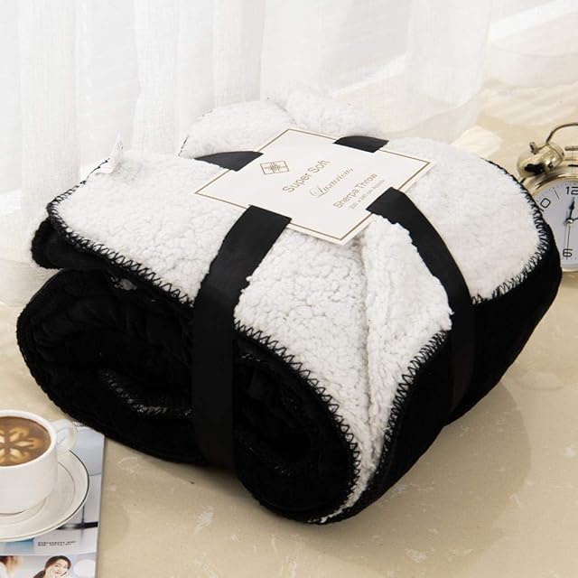 Sherpa Fleece Blanket Throw Dual Sided Plush Fabric Extra Soft Thermal Fluffy Blanket Sherpa Throws for Bed and Sofa Improves Sleep - Black King 200 X 240