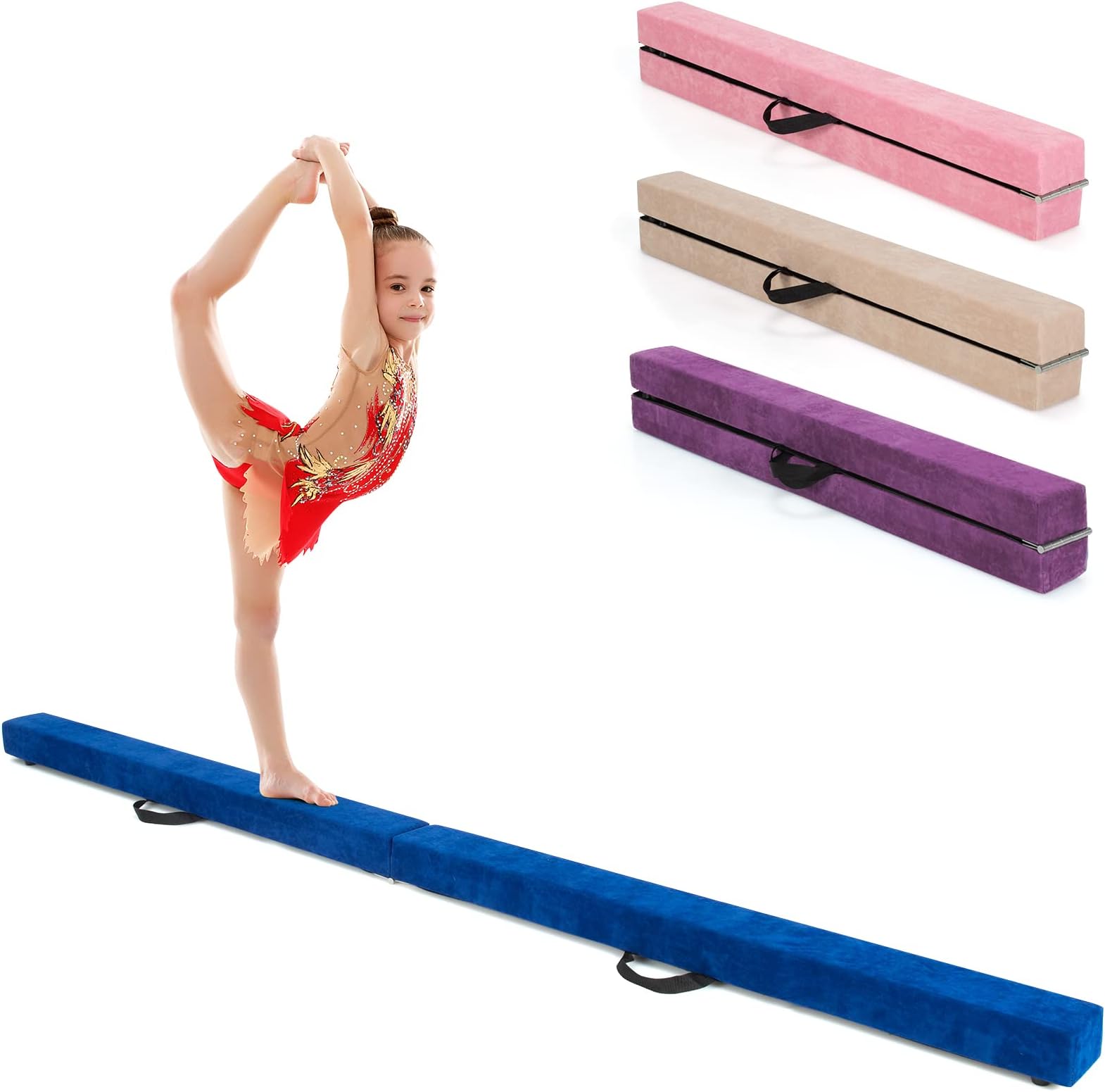 GYMAX 7FT/9FT Folding Gymnastics Balance Beam, Professional Training Beam with Carry Handles, Solid Wood Base and Anti-slip Bottom, Floor Gymnastics Equipment for Home Gym