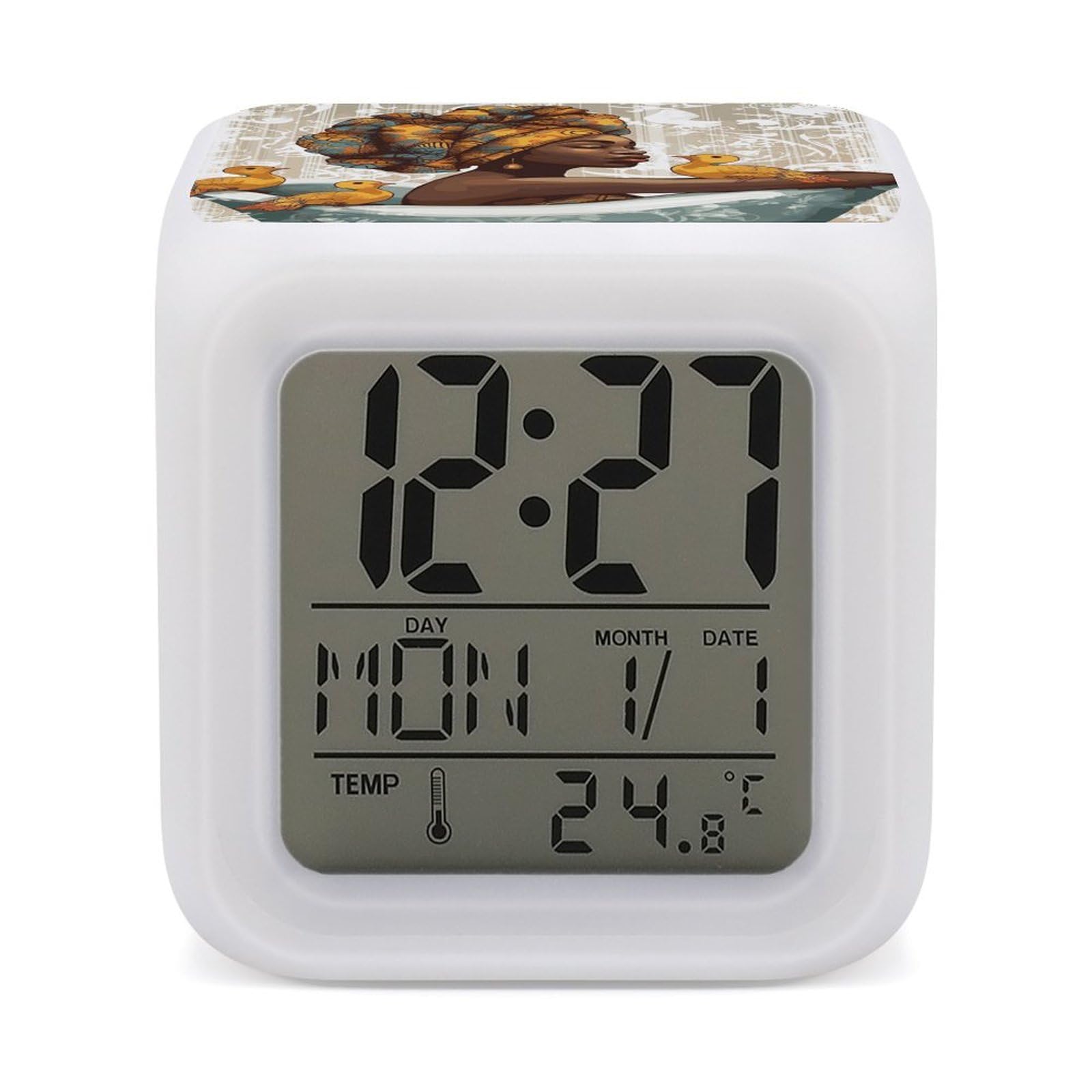 VstaDank African Girl Alarm Clock with 7 Color Changing Night Light Date Temp Display Wake Clocks LED Display Digital Clock Electric Desk Clocks for Living Office Bedroom Decor