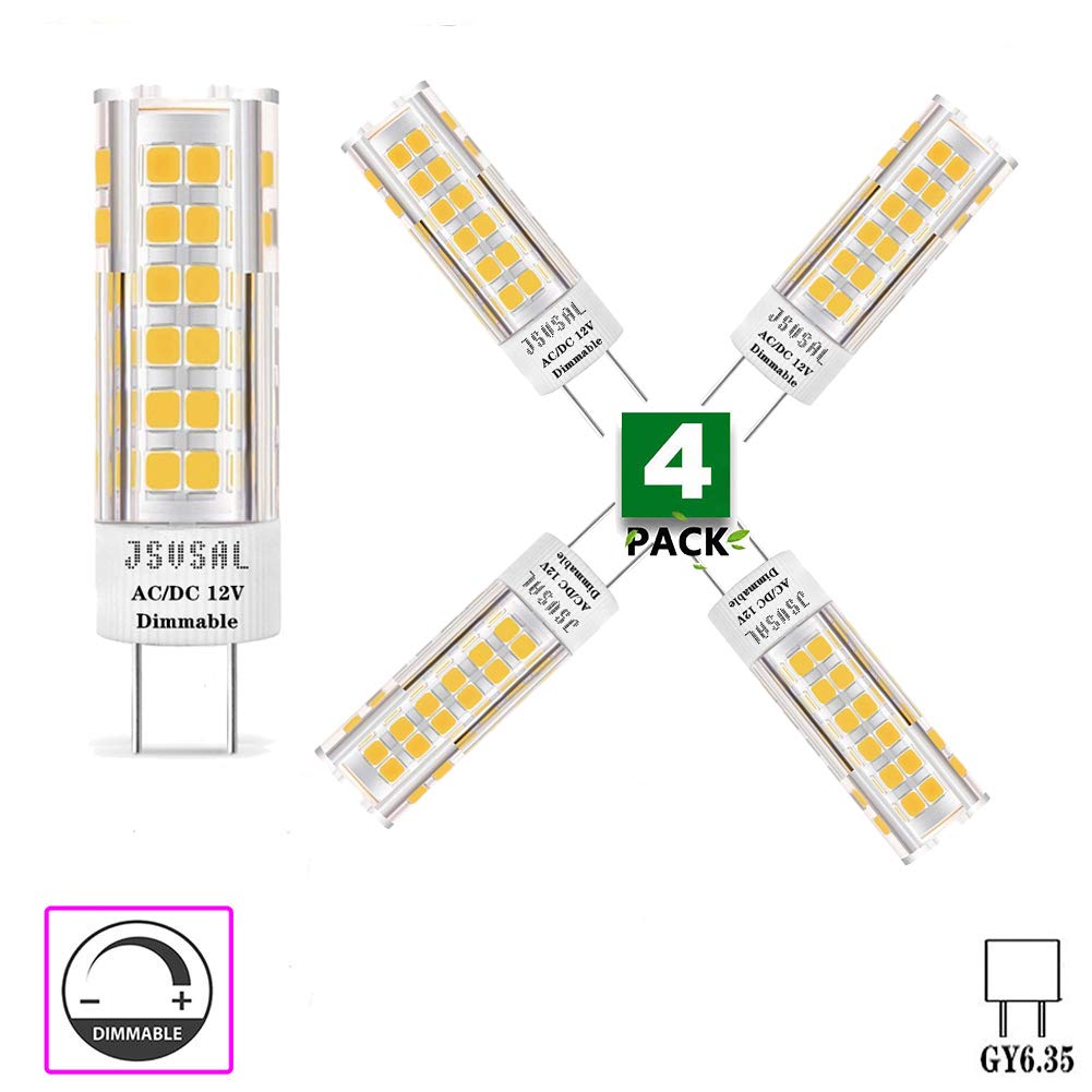 4-Pack, Dimmable GY6.35 G6.35 LED Bulb, 7W, 800 Lumen, 360° Beam Angle, G6.35/GY6.35 Base T4 JC Type 65W Halogen/Xenon/Incandescent Replacement Bulb (Soft Warm White-3000K, AC/DC 12V)