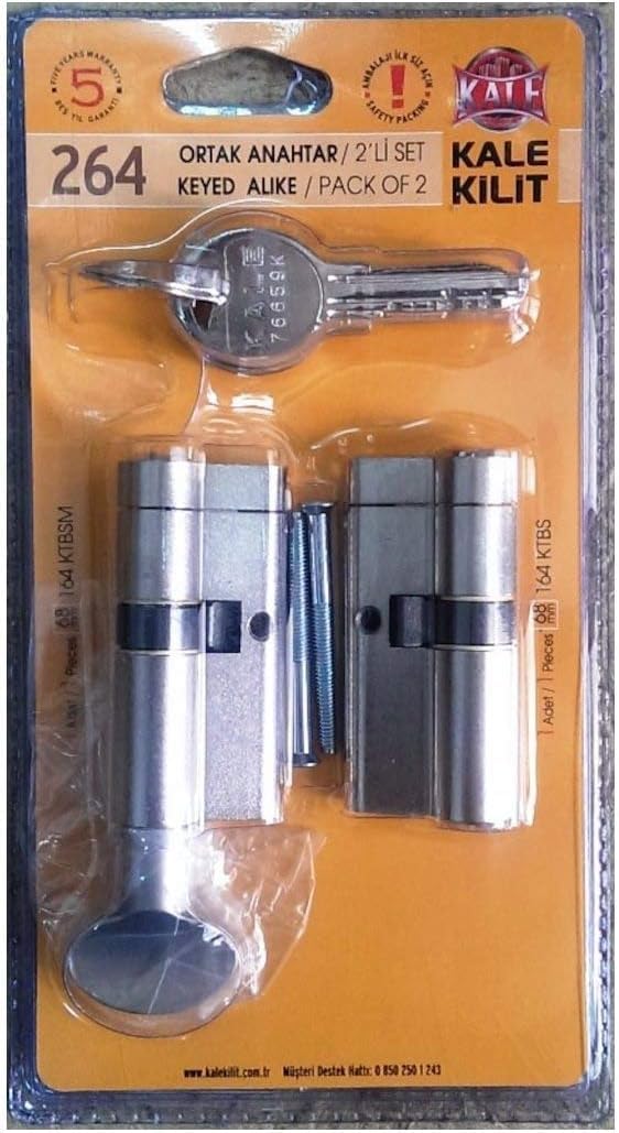 Kale Kilit 264 Ortak Anahtarlı Tuzaklı 2'li Set (KTBS + KTBSM) Kilit Göbeği, Tuzaklı Silindir 2'li Set, Barel (68 mm, Nikel)