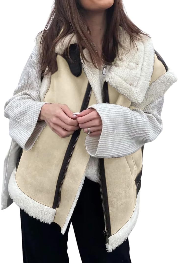 loveimgs Women's Winter Warm Suede Sherpa Leather Vest Jacket Zip Up Sleeveless Lambwool Fur Coat with Pockets
