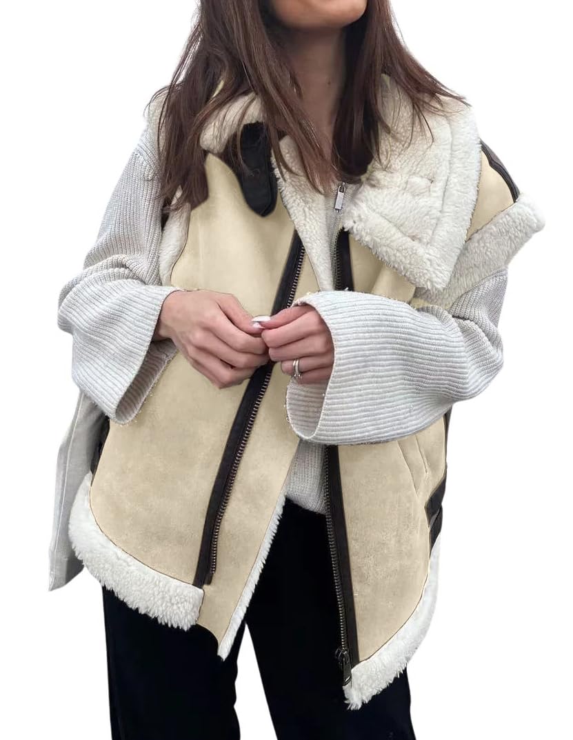 loveimgs Women's Winter Warm Suede Sherpa Leather Vest Jacket Zip Up Sleeveless Lambwool Fur Coat with Pockets