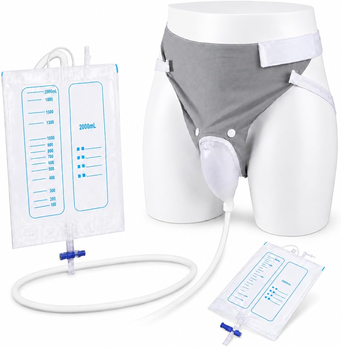 Wearable Urine Collector Set for Men with Soft Cotton Pants 2000ml Night Bag 1000ml Day Bag Silicone Collection Cup and 1.2M Flexible Tube for Daily Comfort Travel and Outdoor Use, Men Grey