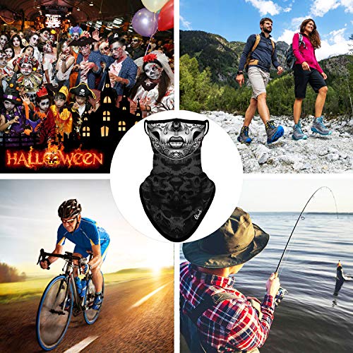 Obacle Bandana Face Mask With Ear Loops Neck Gaiter Face Mask Scarf Face Cover For Men Women (Skull Flower Face Gray Lip) #TOP6