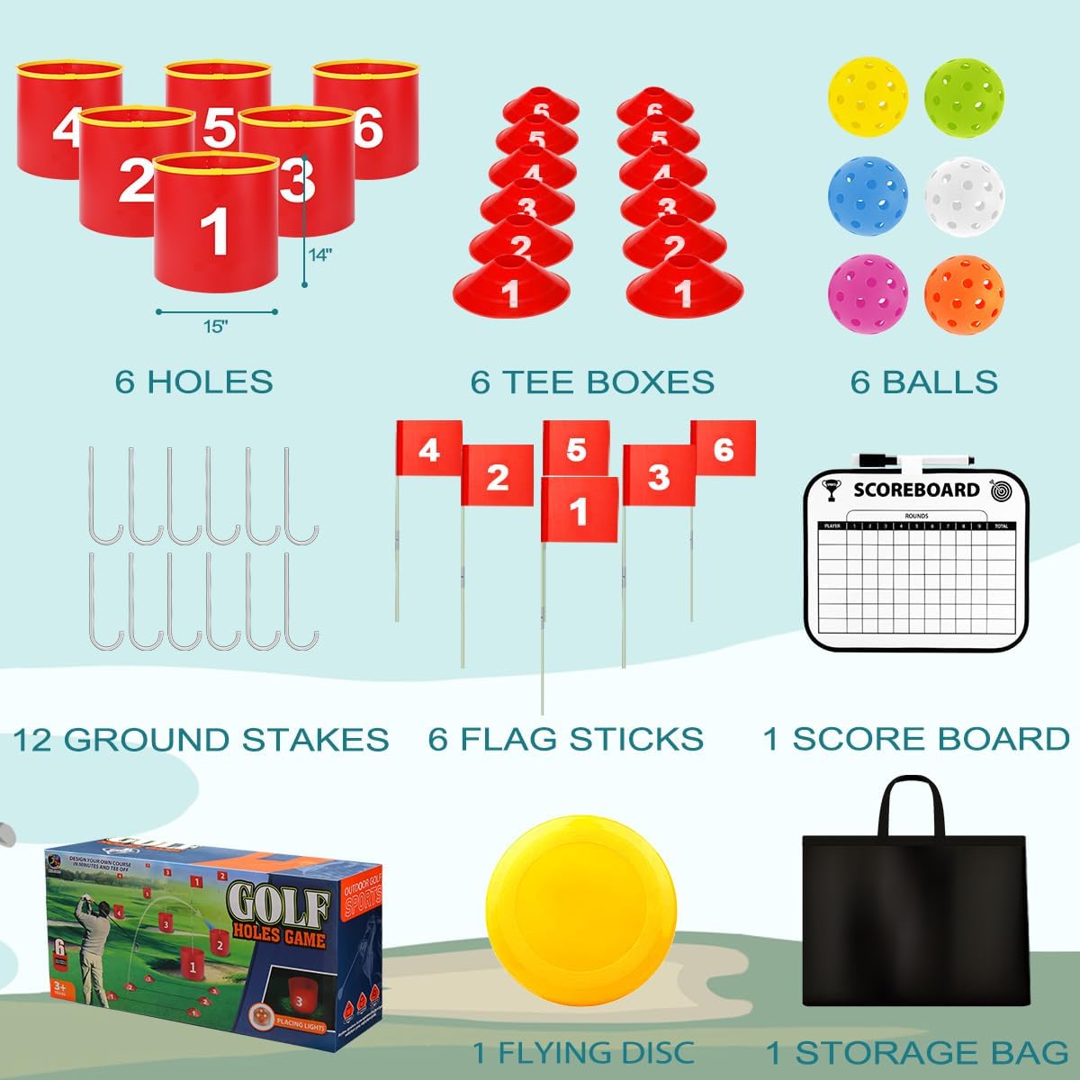 Golf Yard Bucket Games 6 Holes Golf Practice Game with Flag, Golf Chipping Game for Kids and Adults Outdoor Indoor Park, Beach, Backyard, Lawn