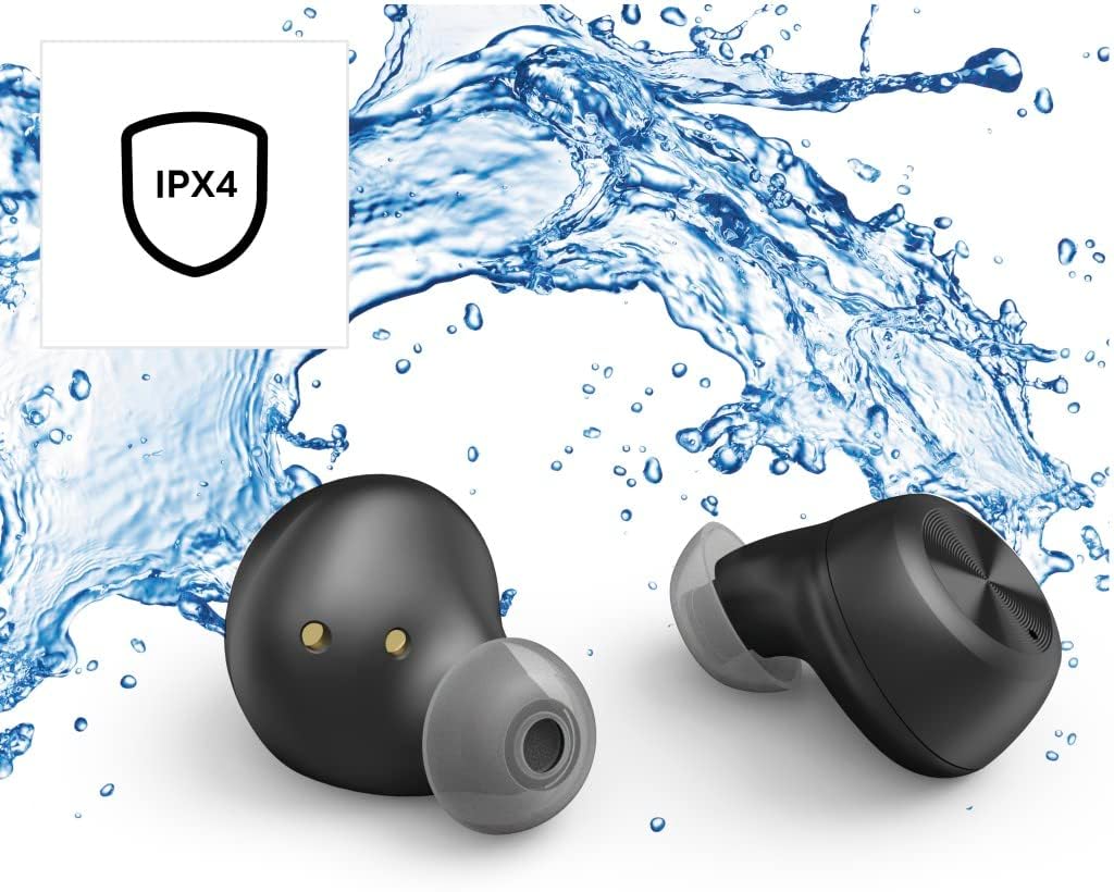 IPX4 water resistance icon with water splashes around earbuds