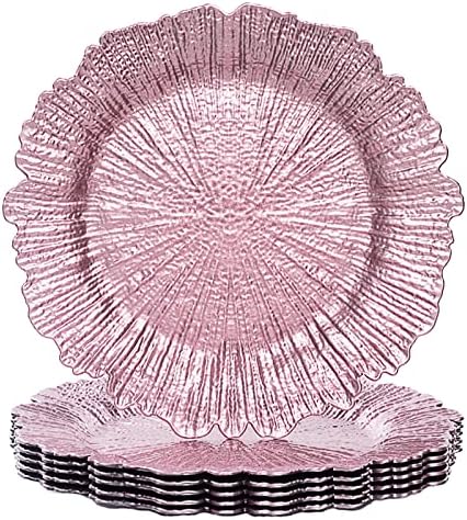 MAONAME Round 13" Reef Charger Plates, Plastic Plate Chargers for Dinner Plates, Wedding, Elegant Decoration (6, Pink)