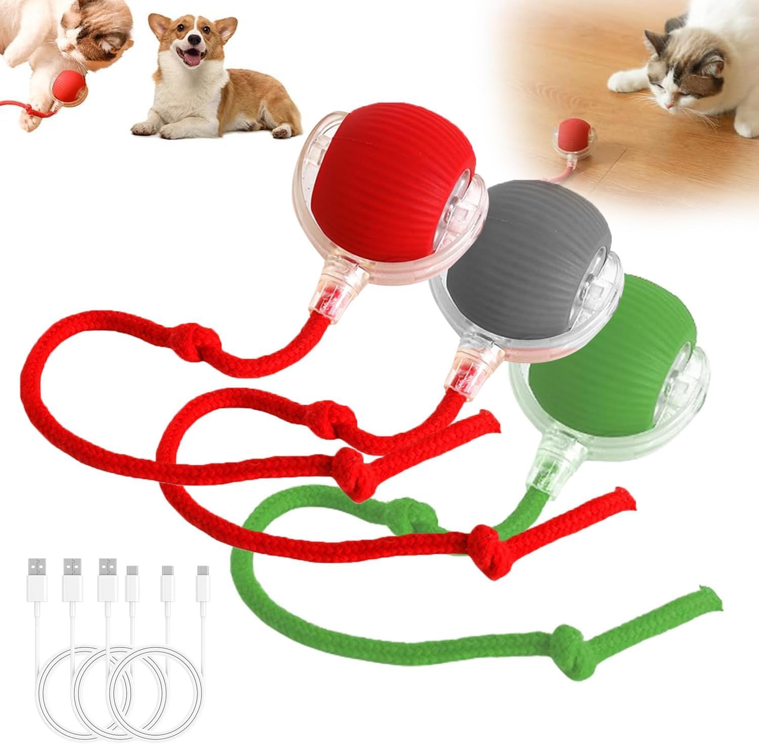 Interactive Dog Rolling Ball - Rechargeable Electric Automatic Rolling Cat Balls, Smart interactive Pet Toys for Puppy and Kitten (Green+Red+Gray)