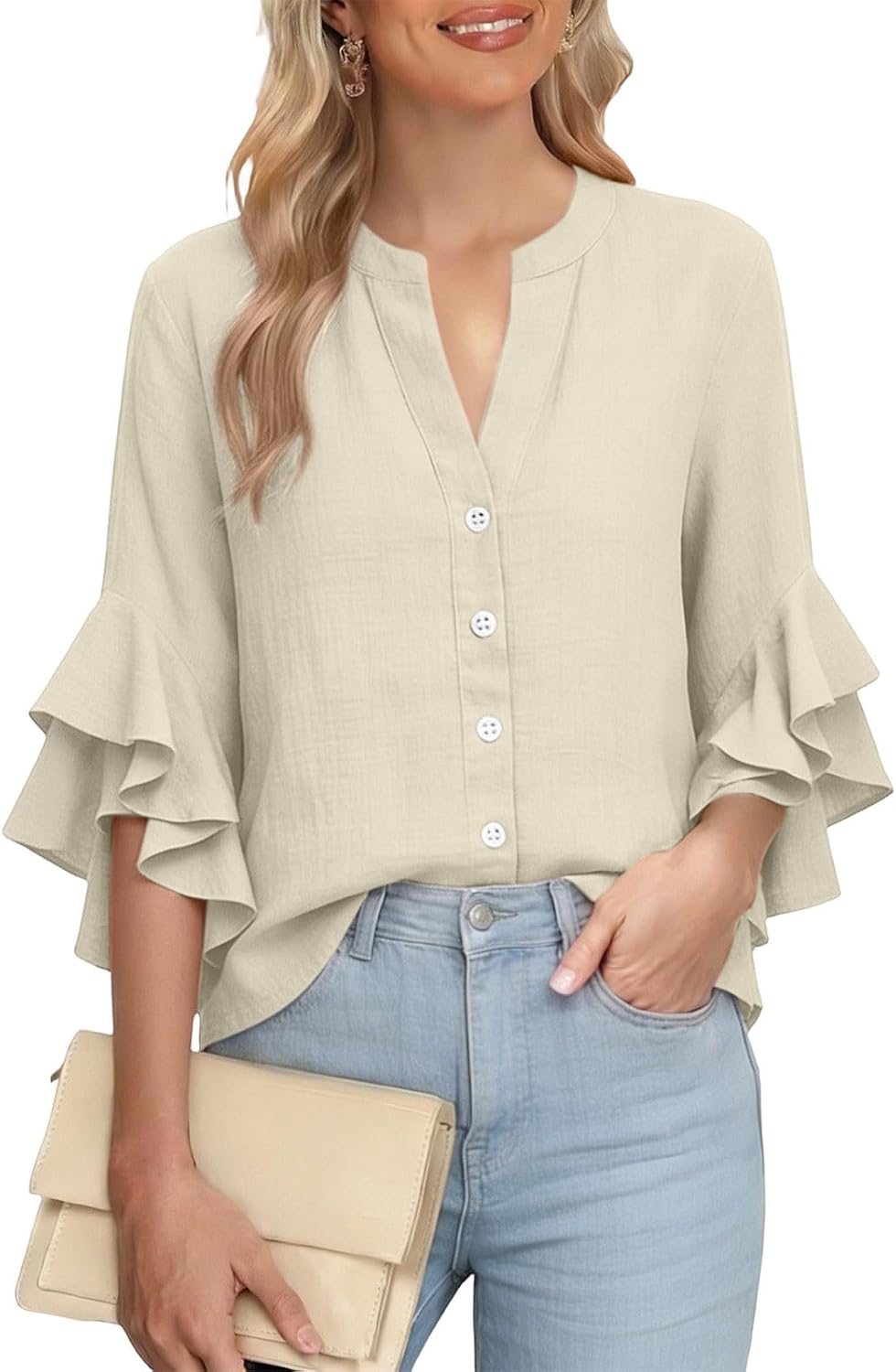 Womens Cotton Linen Tops Ruffle 3/4 Sleeve Shirts Button Henley Tshirt Elegant Work Blouse Summer V Neck Loose Tunic
