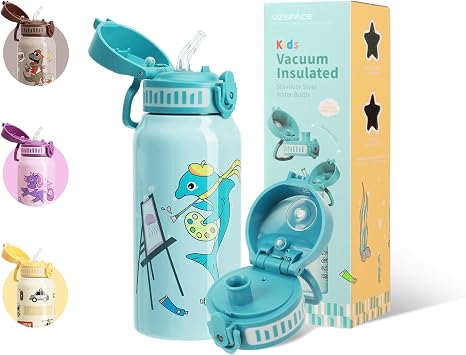 UZSPACE Kids Stainless Steel Water Bottle with 2 Lids, 550ml Teal