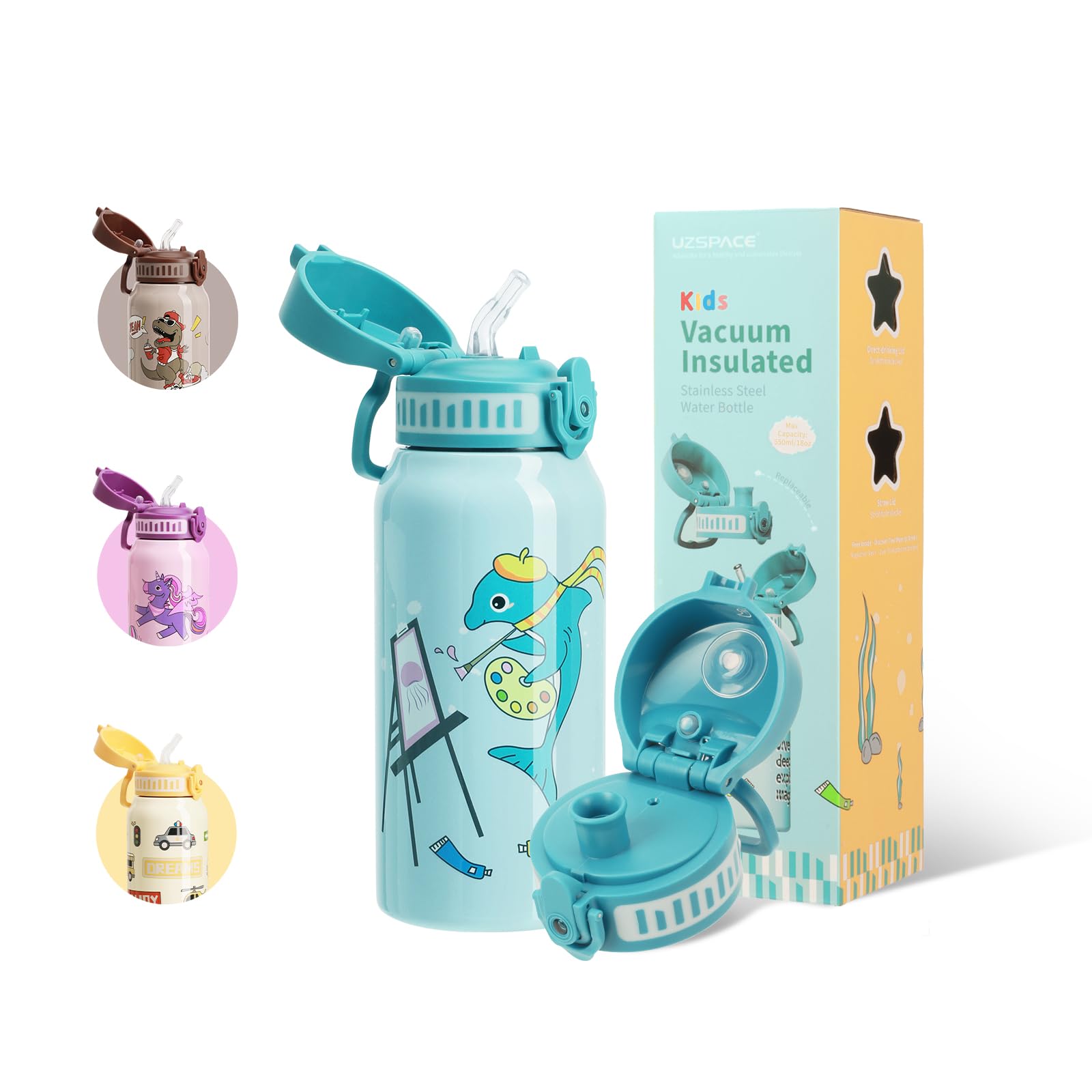 UZSPACE Stainless Steel Water Bottles kids with 2 Different Lids - 550ml Water Bottles for Kids - Leakproof Drinks Bottle with Straw - Sports Bottle for Boys Girls School, Teal