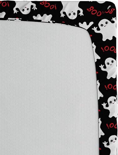 Miniatura 4 de Ambesonne Sábana bajera ajustable con diseño de fantasmas, temática de Halloween, fantasmas tontos sobre textos de abucheo negro, ropa de cama de