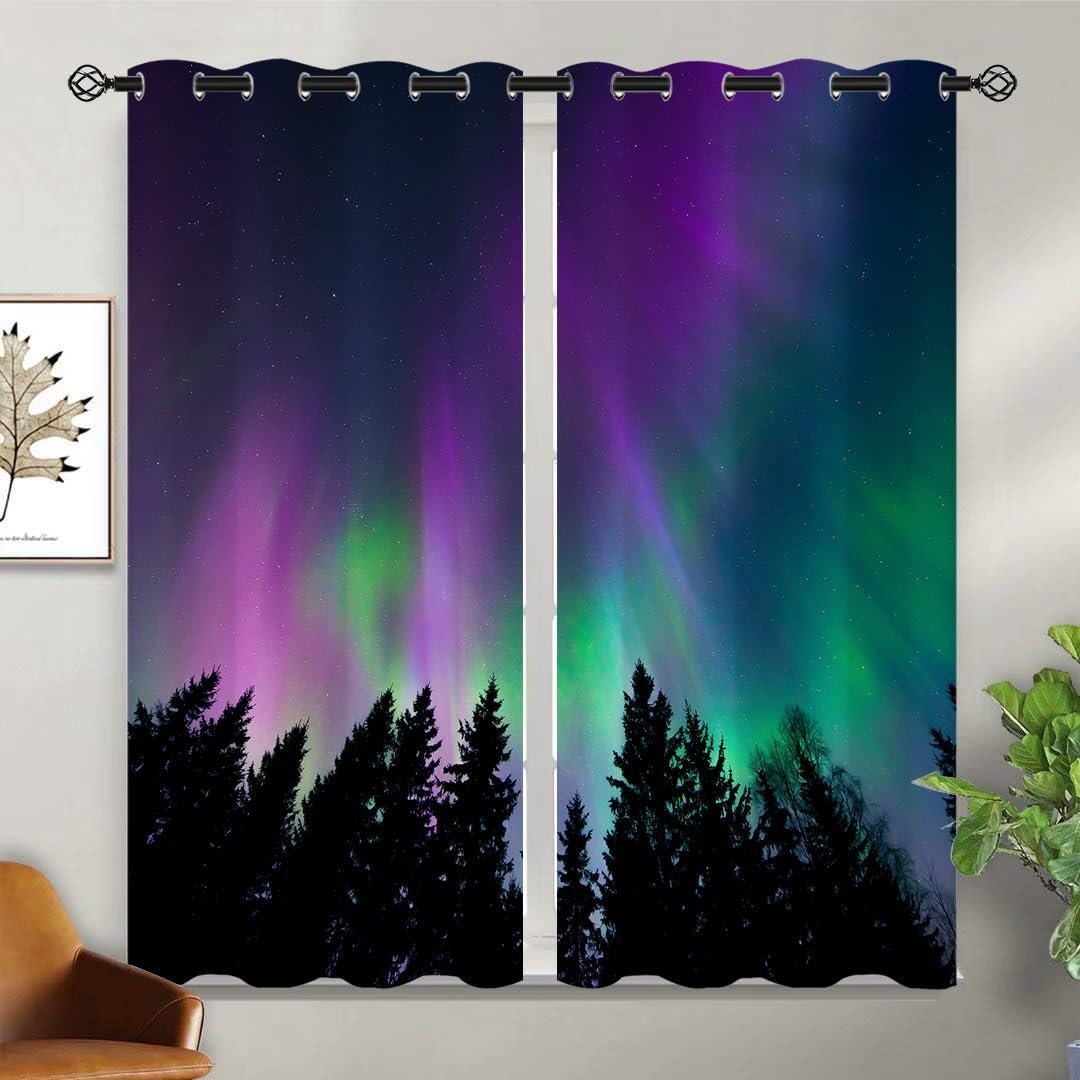 Northern Lights Forest Blackout Curtains for Girls Boy Home Decor, Nature Northern Aurora Galaxy Grommet Thermal Insulated Drapes Darkening Window Curtain for Bedroom Living Room, 42 x 63 Inch