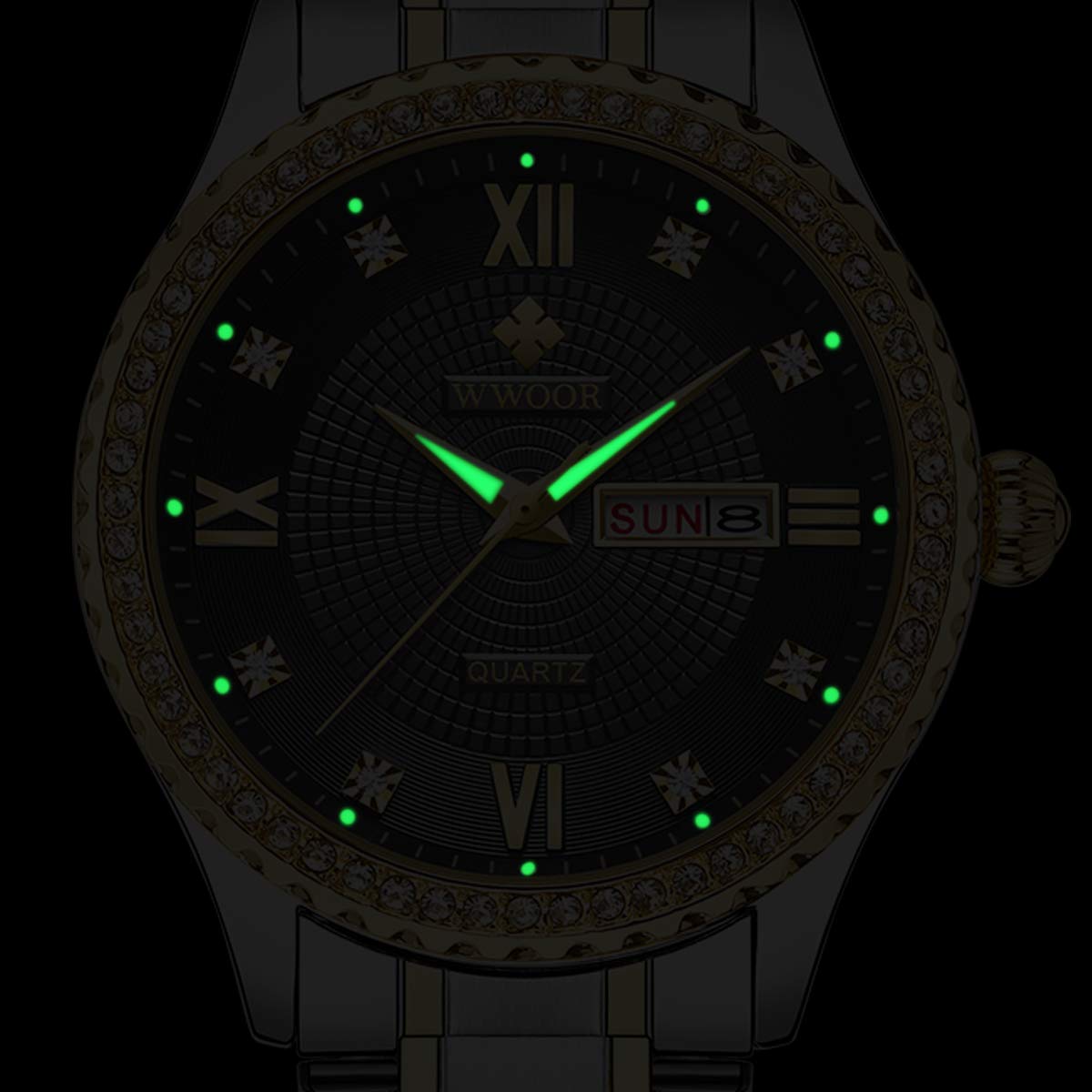 WWOOR Orologio da polso da uomo e donna, alla moda, di lusso, originale, analogico, al quarzo, impermeabile, con data, in acciaio inox, casual, regalo (oro, nero, argento)