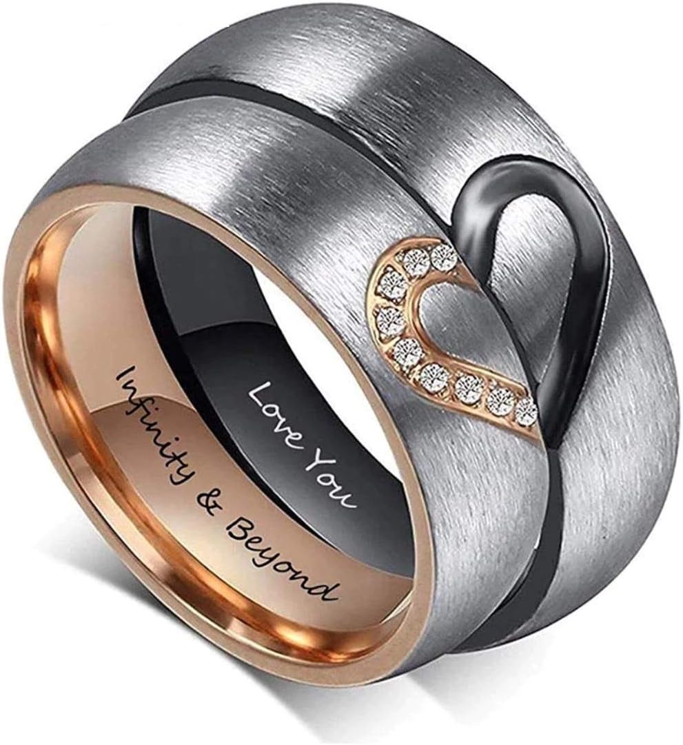 Stainless Steel Personalized Heart Couple Rings with Stones, Mens and Womens Promise Rings Set, Custom Inside Engraving, Wedding Engagement Rings for Women Men, Valentines Day Gift