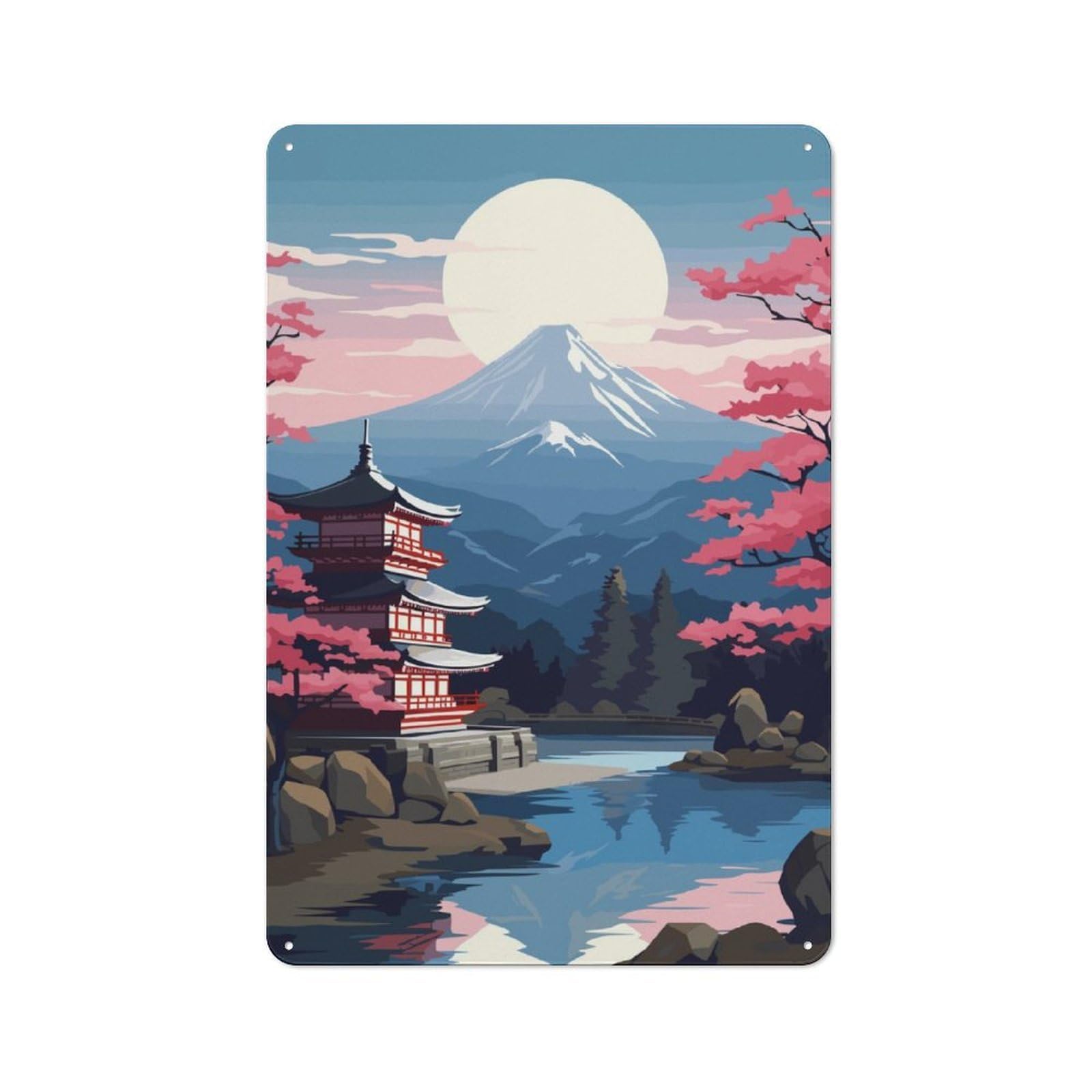 Junmoney Japanese Temple Landscape Metal Plaque 30X20cm With For Garage Wall, Rustic Decor, For Winter Interiors And Metal Sign Collectors