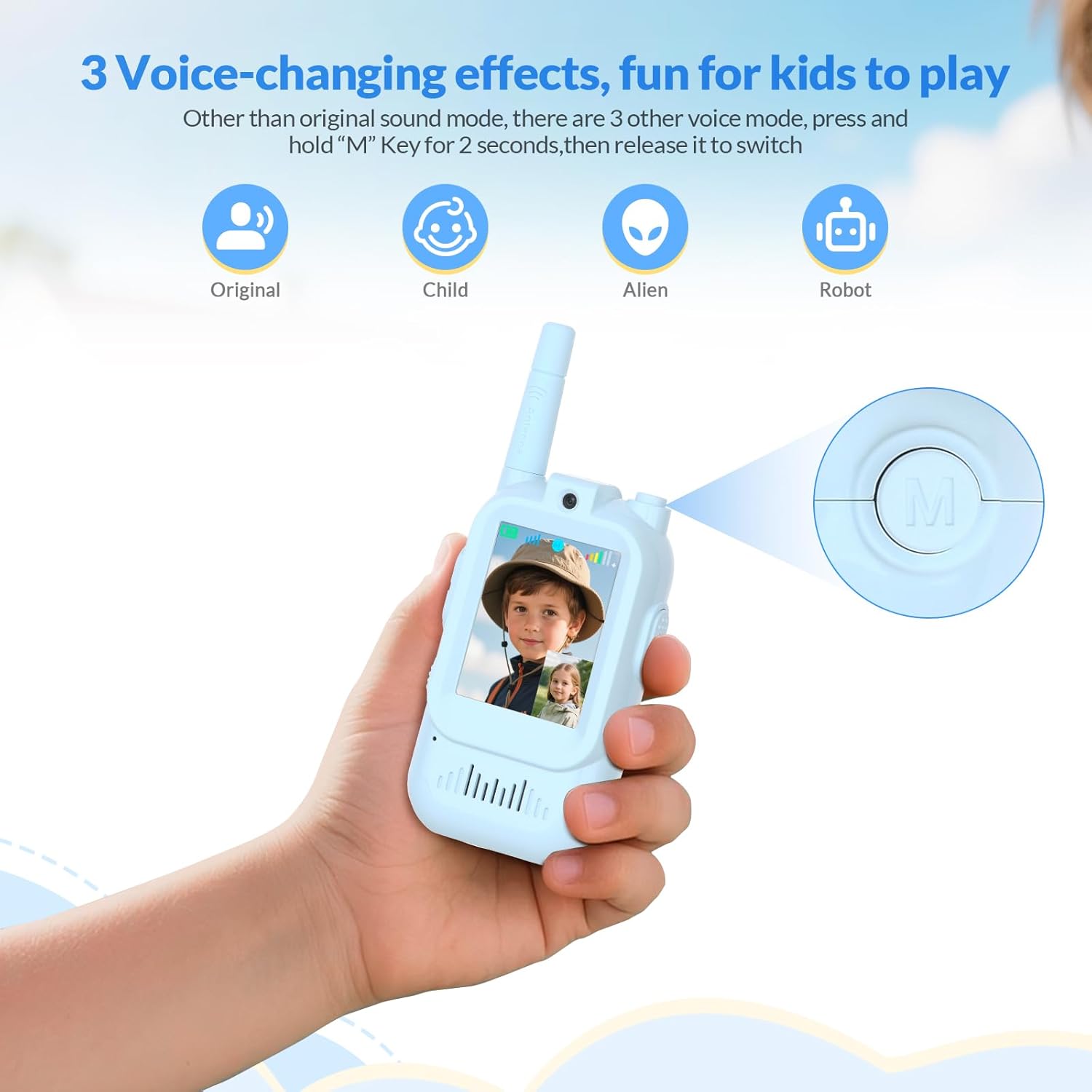 Kids Toys Mini Video Walkie Talkies for Kids 2 Pack，for 3 4 5 6 7 8 Years Old Boys and Girls,Four Sound Effects Available Birthday Gifts(Blue+Blue)