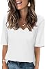 Camiseta de cuello en V para mujer, manga media, casual, lisa, de verano 1